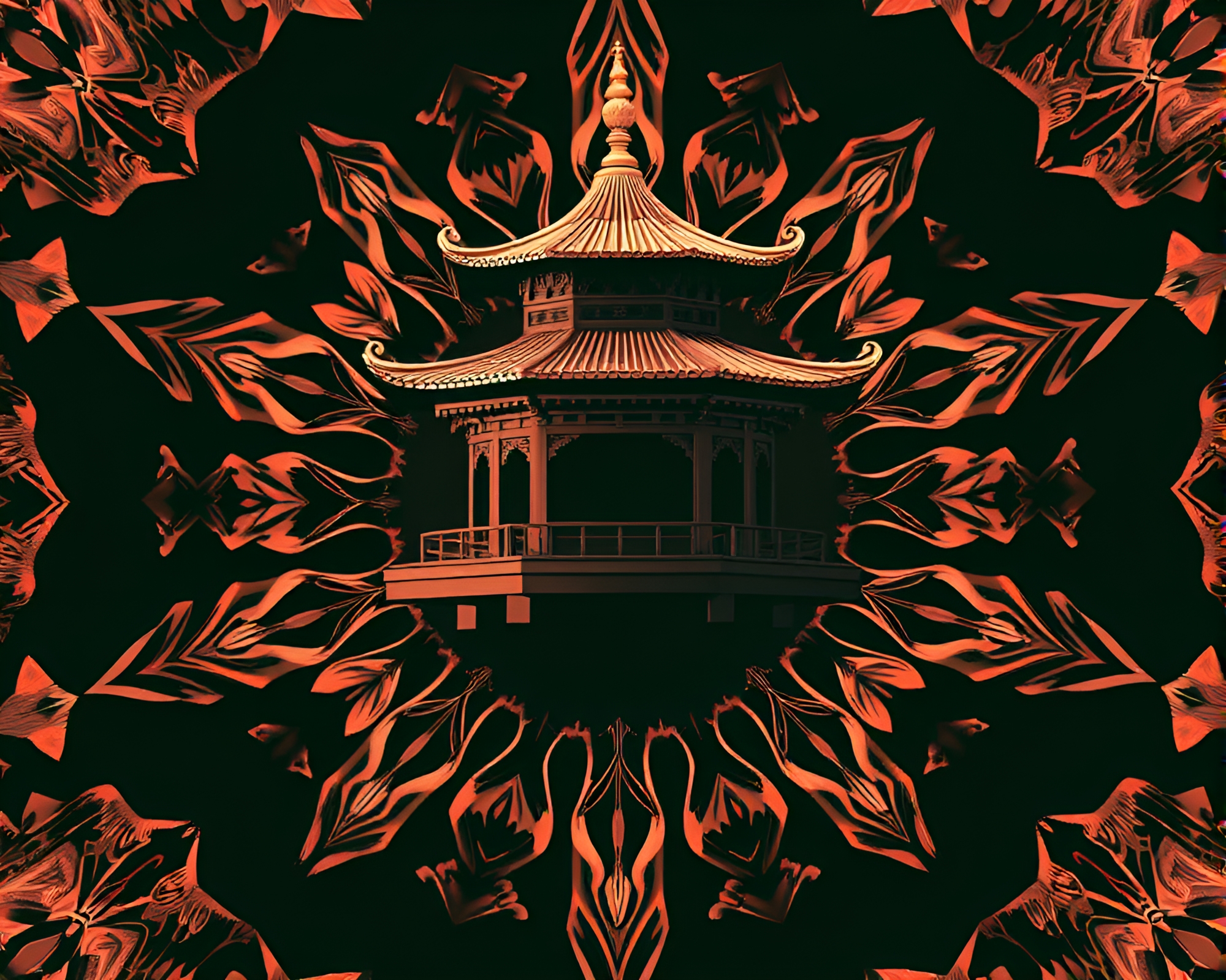 Symmetrical Pagoda in Rose Gold AI Style – free AI stock image