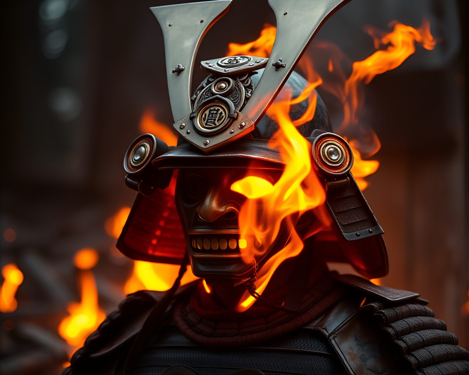 Stylized photogrammetry of samurai helmet in warm, fiery light