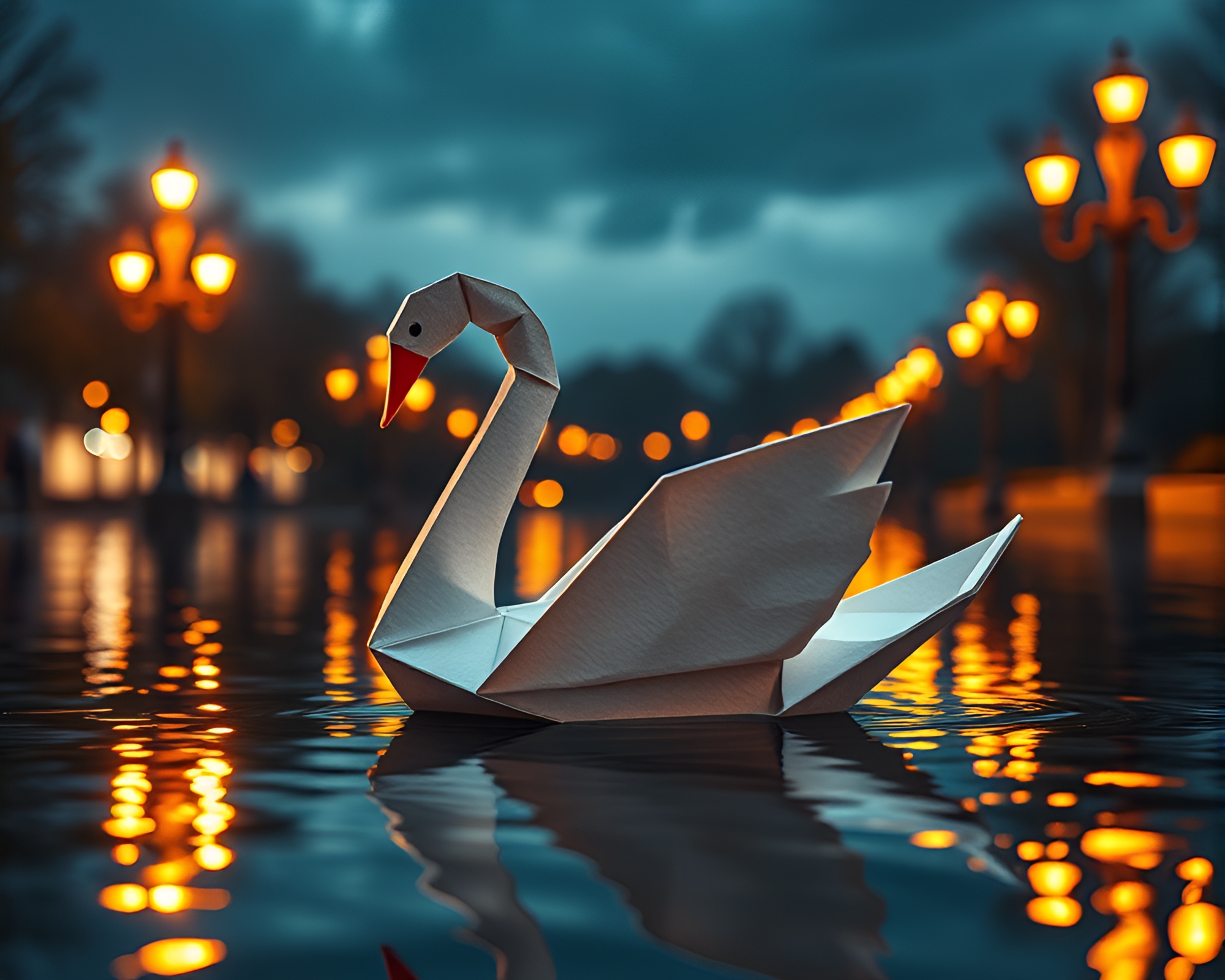 Hyper-Realistic Origami Swan Reflection in Streetlamp Glow – free AI stock image