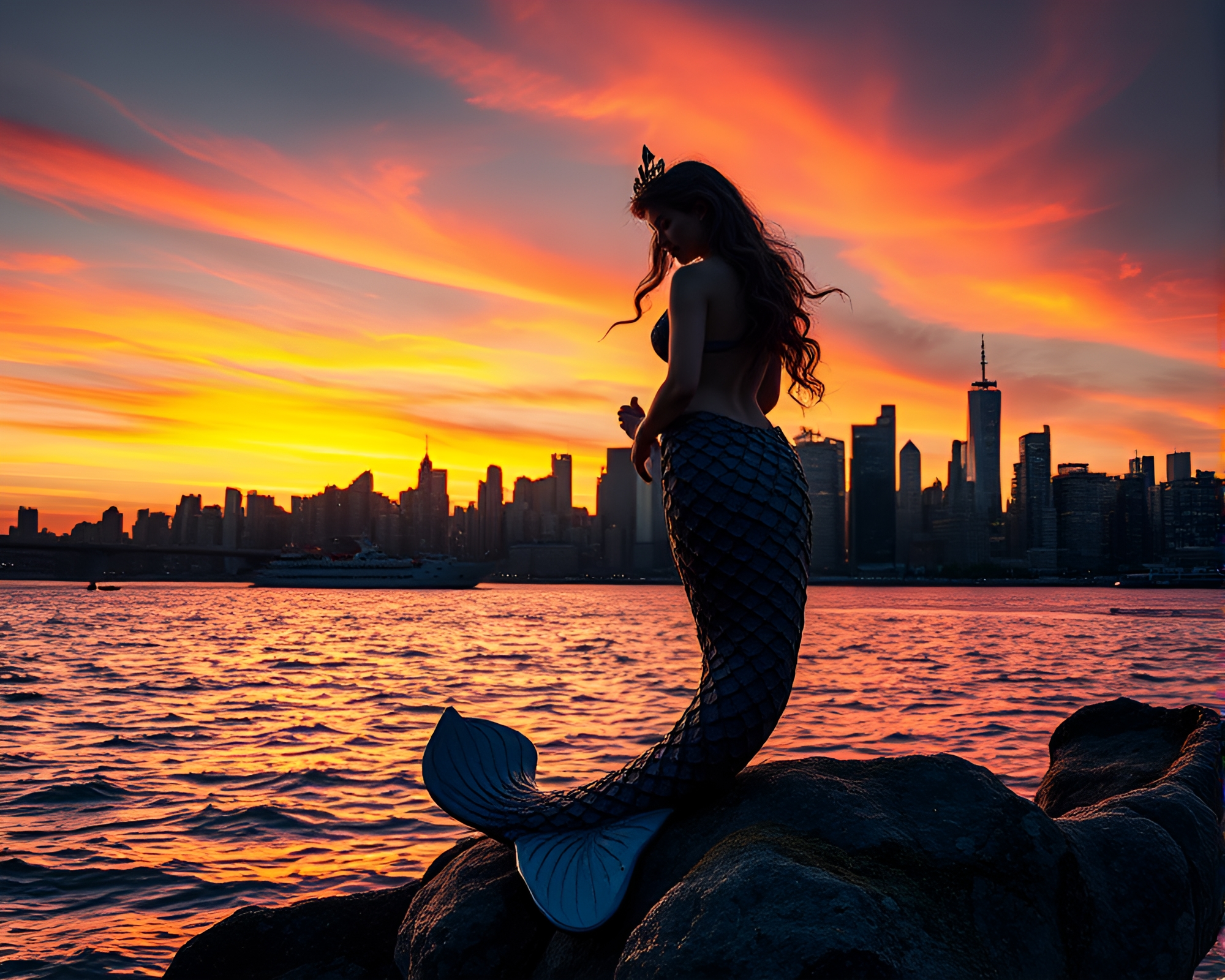 Glistening Mermaid Silhouette at Sunset with HDR Style – free AI stock image