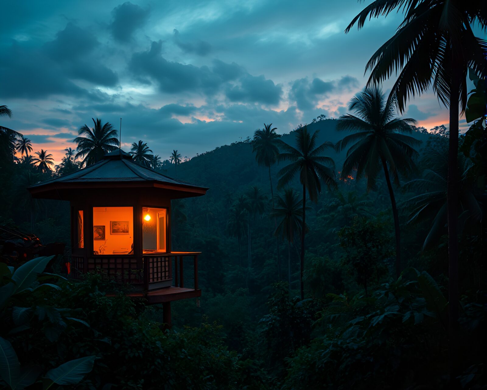Retro-futuristic scenery with rust-colored patina in twilight jungle