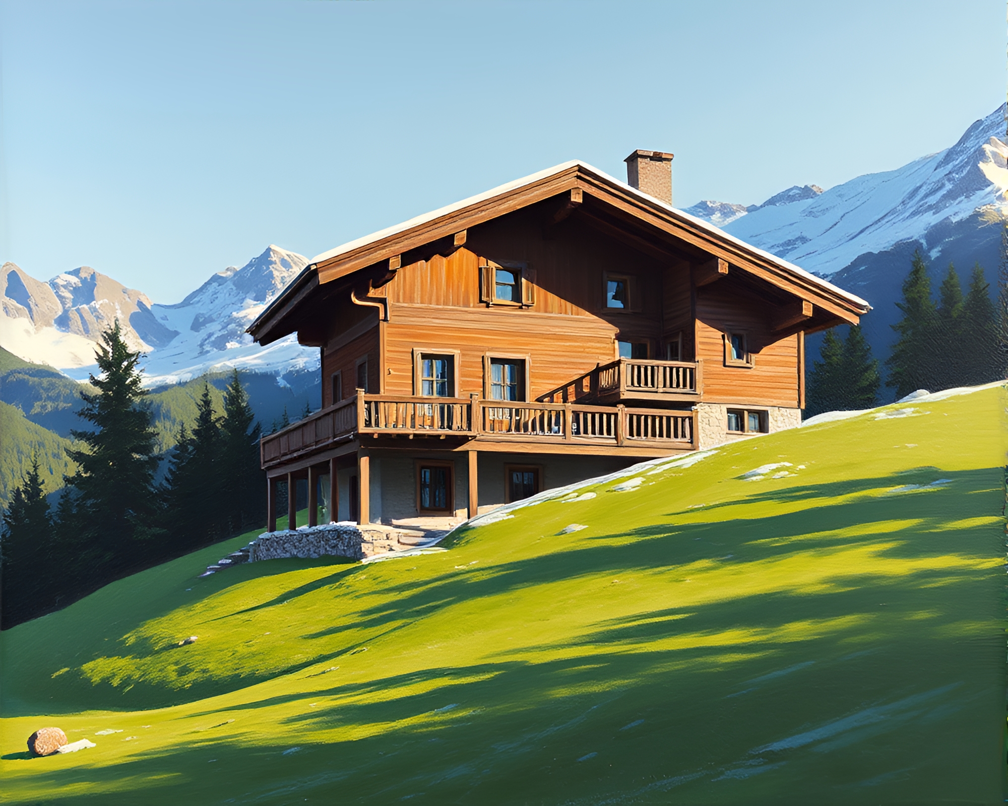 Alpine Chalet in Geometric Harmony with Hard Shadows – free AI stock image