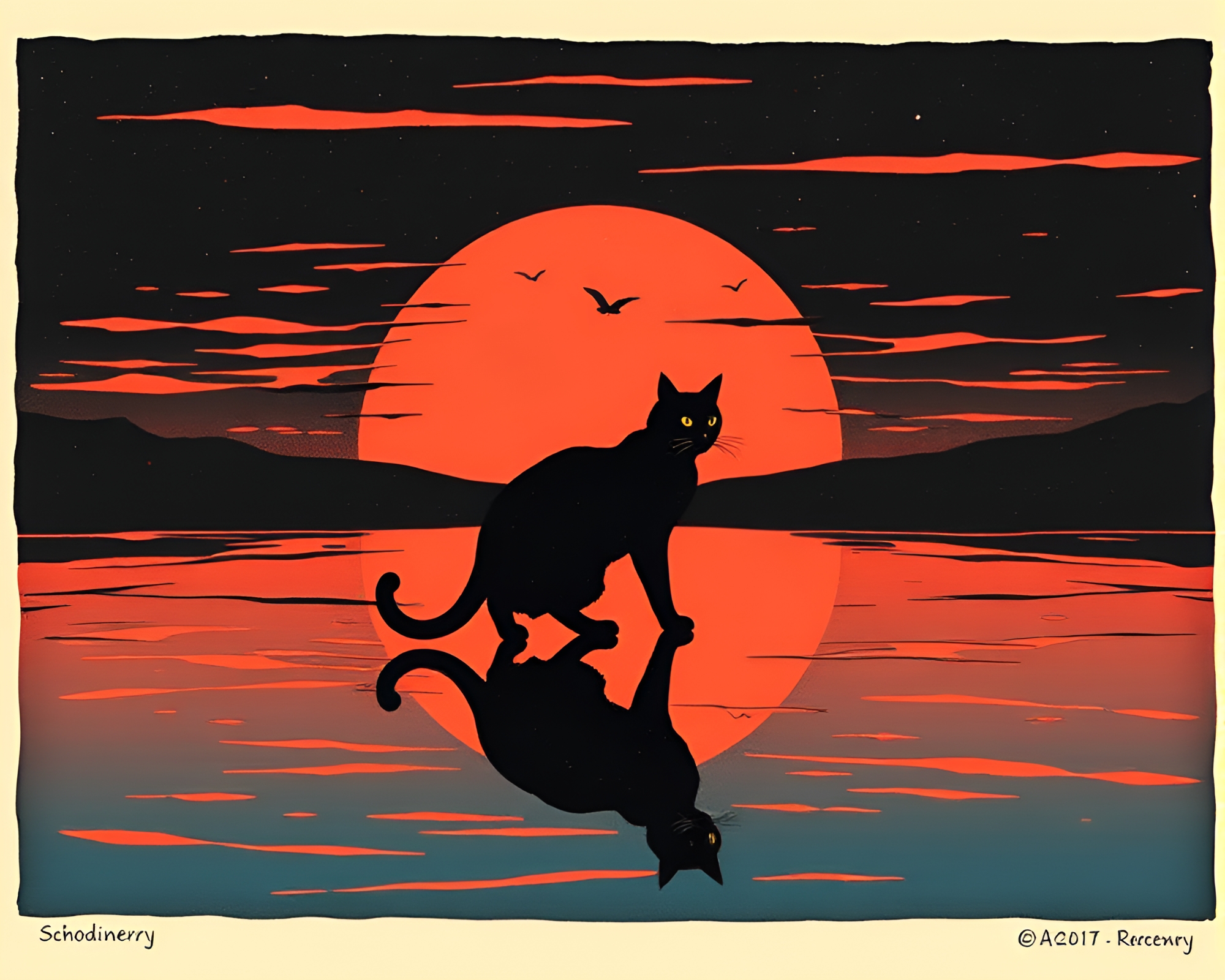 Surreal Schrodinger’s Cat Reflection at Sunset – free AI stock image