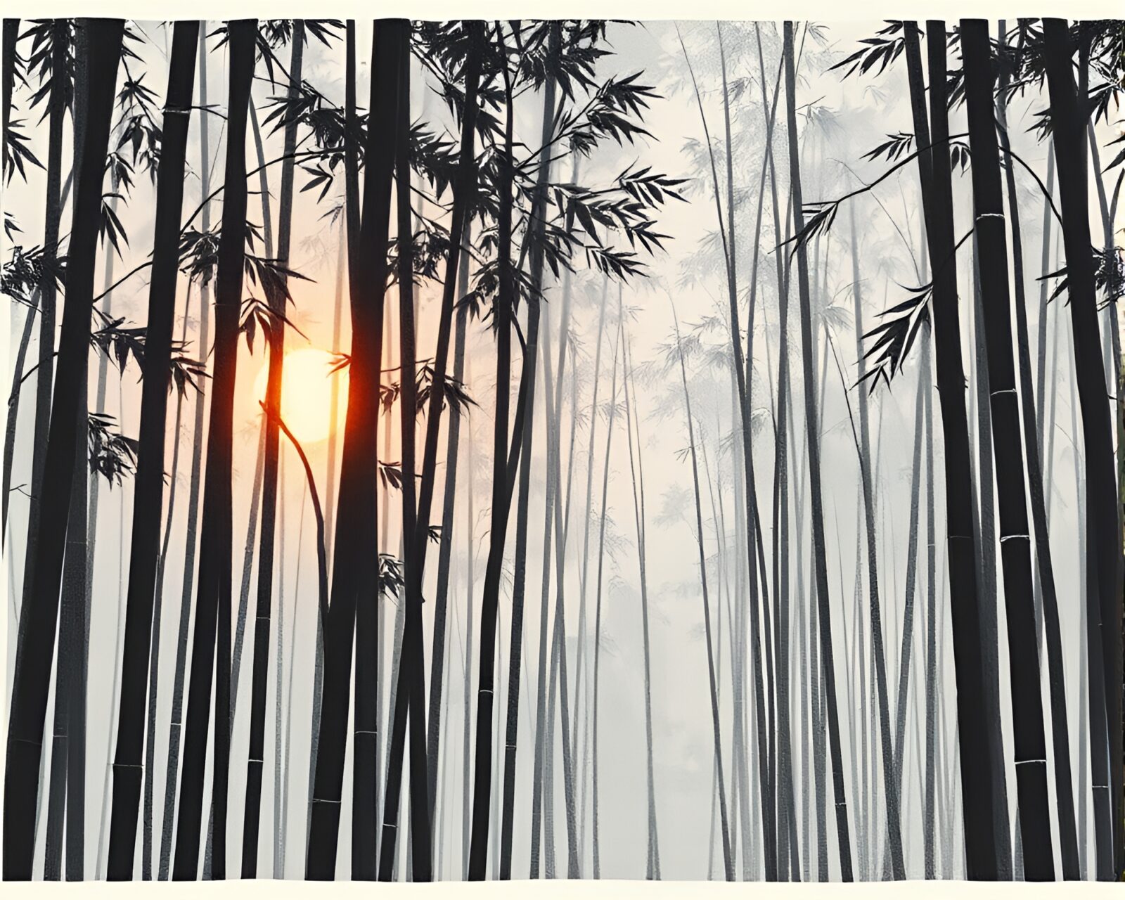 Abstract geometric bamboo forest in cool morning light.