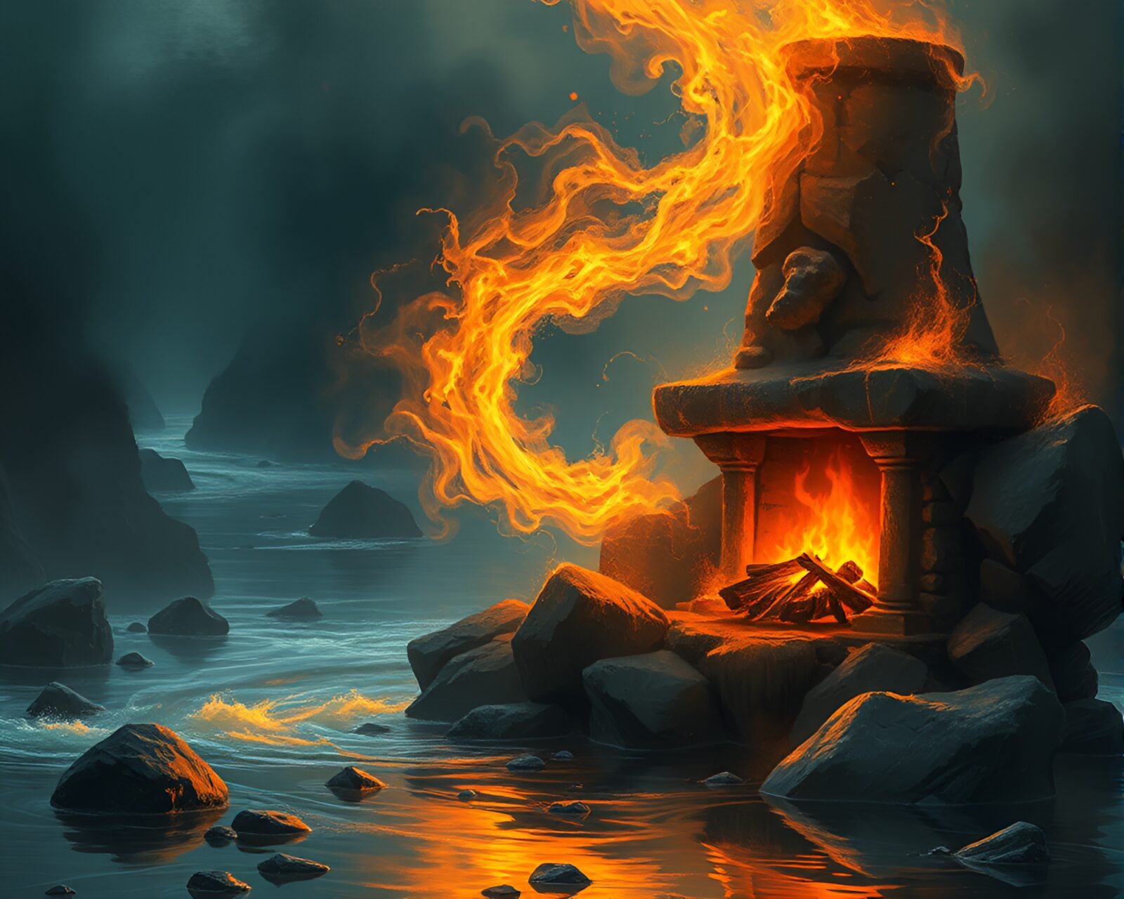 Digital painting of breathtaking spiral mountains by a flickering fireplace