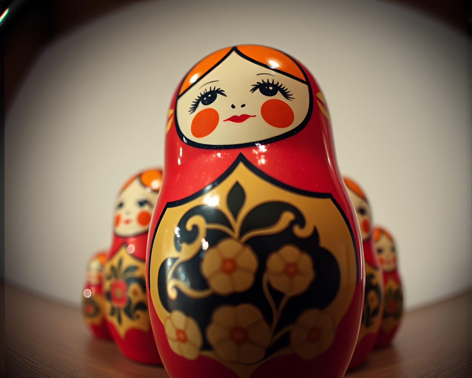 A surreal Matryoshka doll glowing in a spotlight.