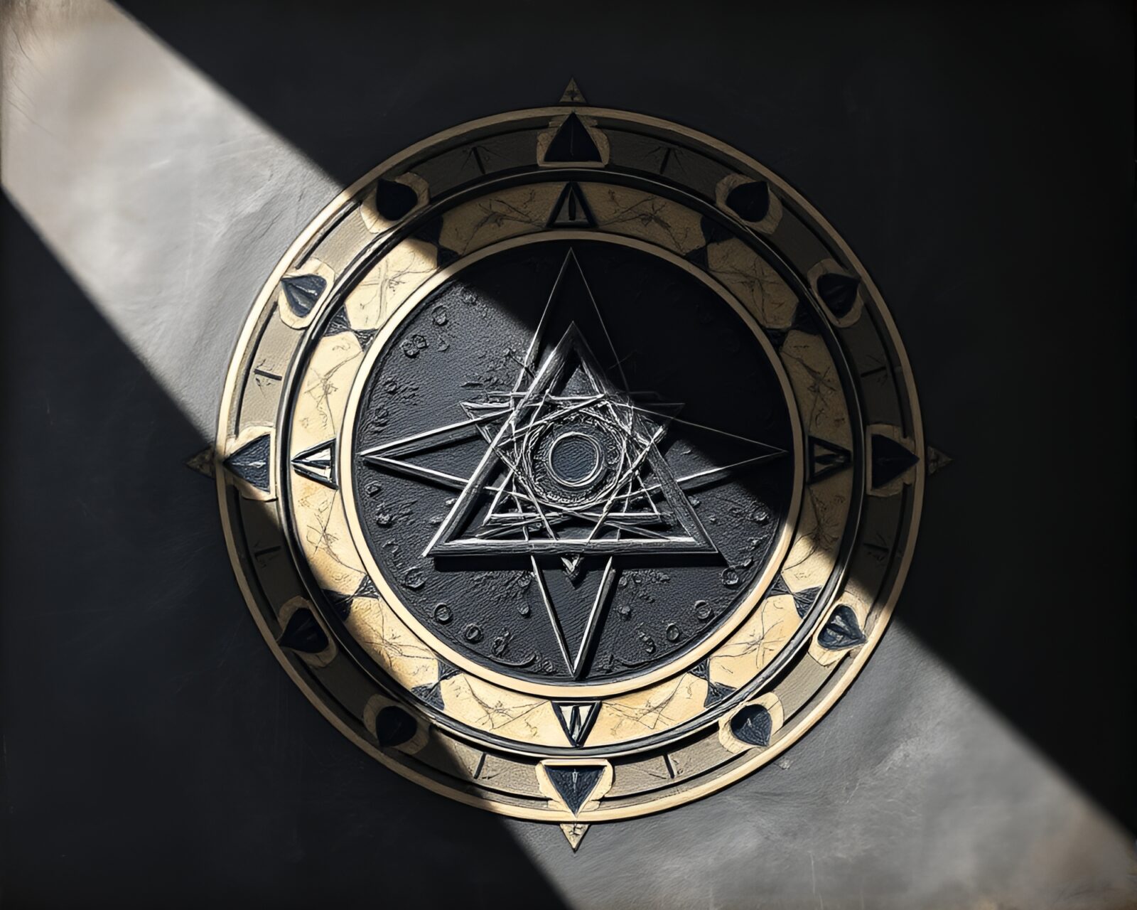 Detailed écorché sigil under eclipse shadows with depth layers