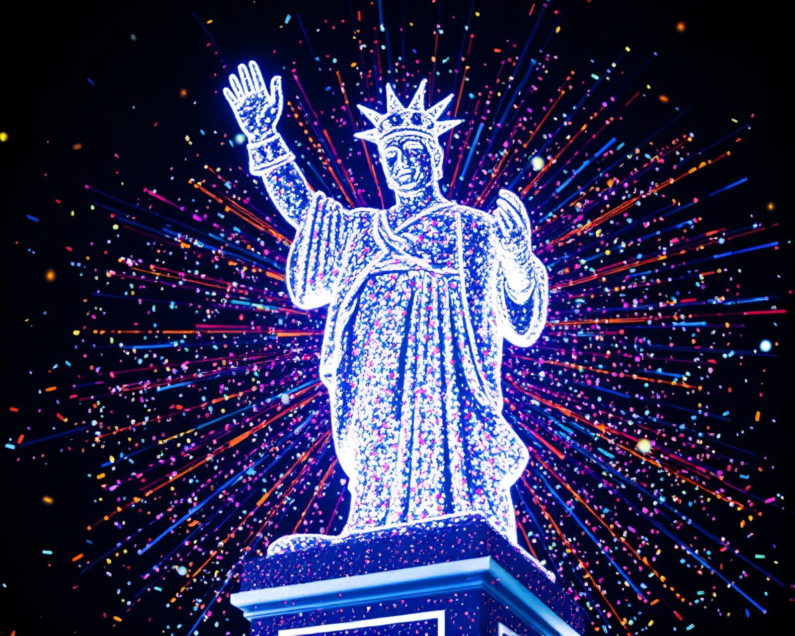 Colorful LED-lit statue surrounded by stippled confetti lights