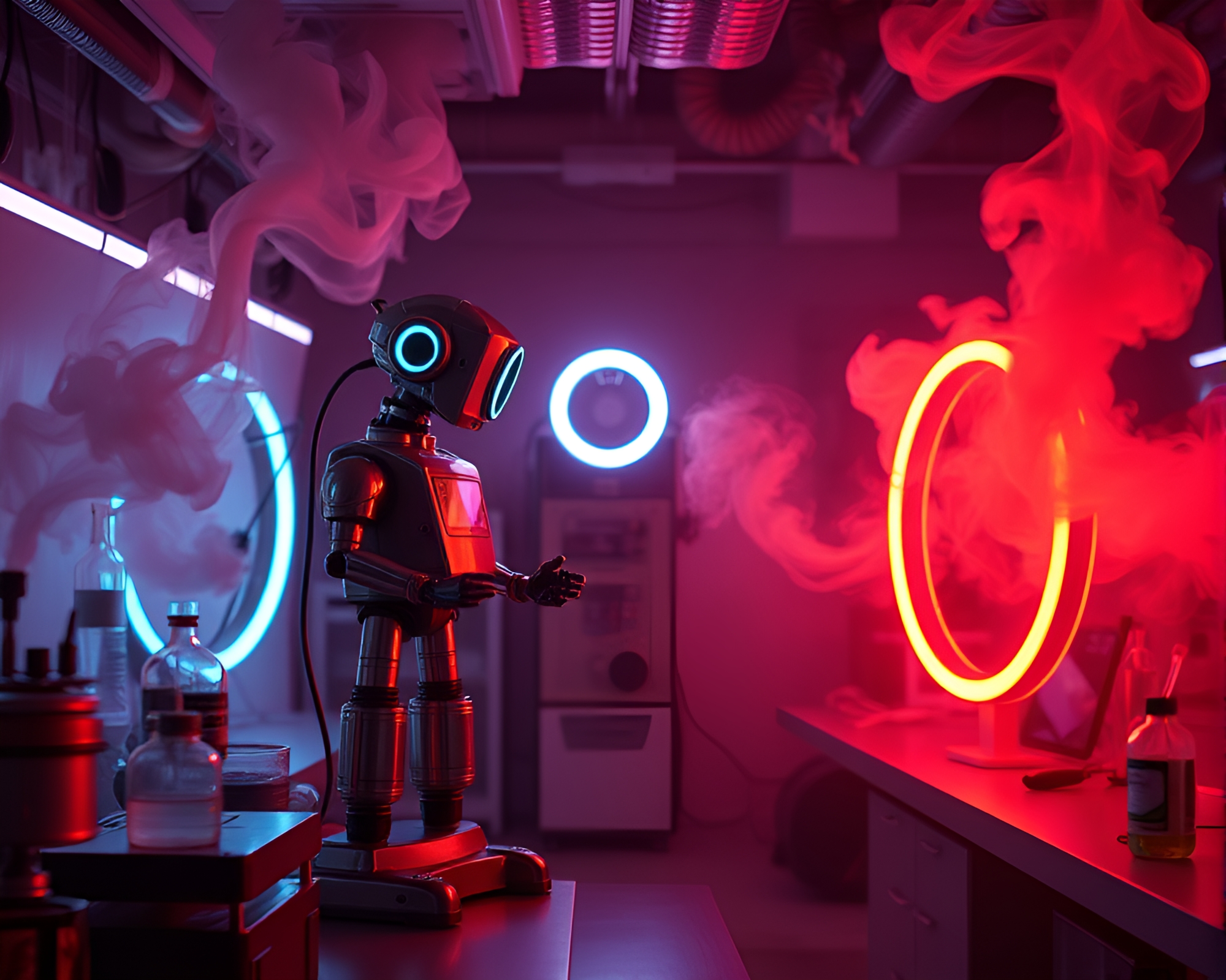 Robotic Laboratory Illuminated by LED Smoke Rings – free AI stock image