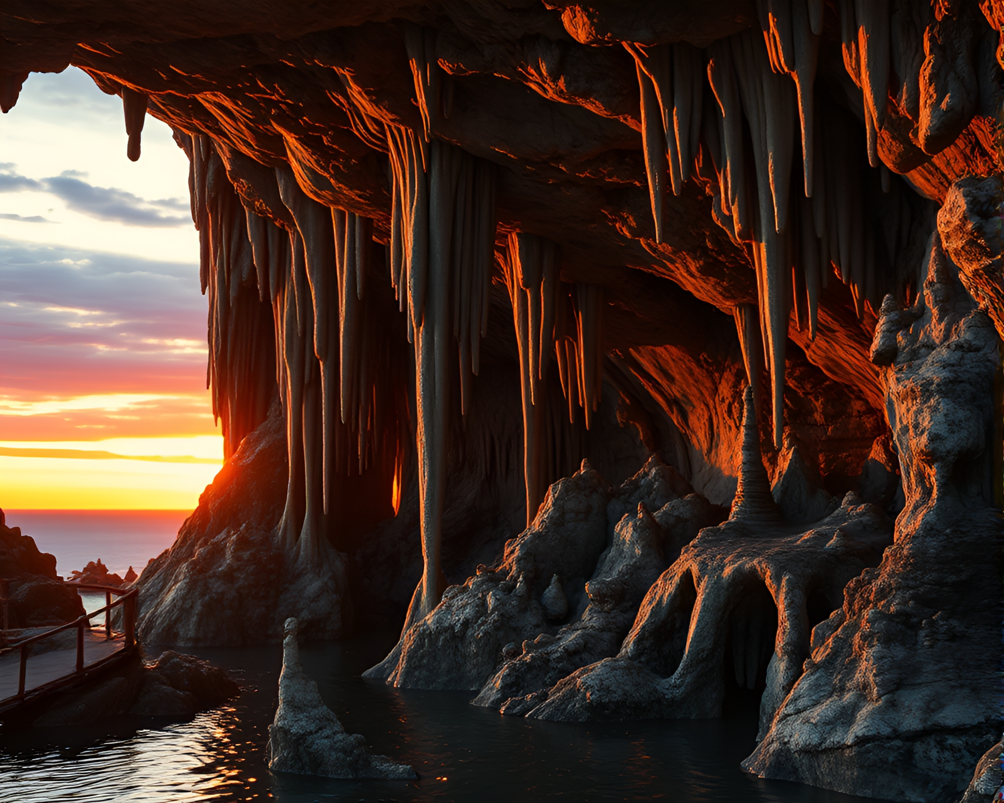 Glistening Stalactites in Sunset Cave – free AI stock image