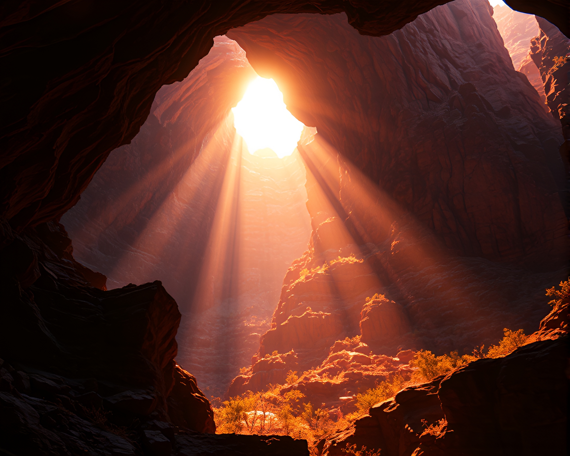 Glitch Artifacts Revealed in Golden Hour Cave Painting – free AI stock image