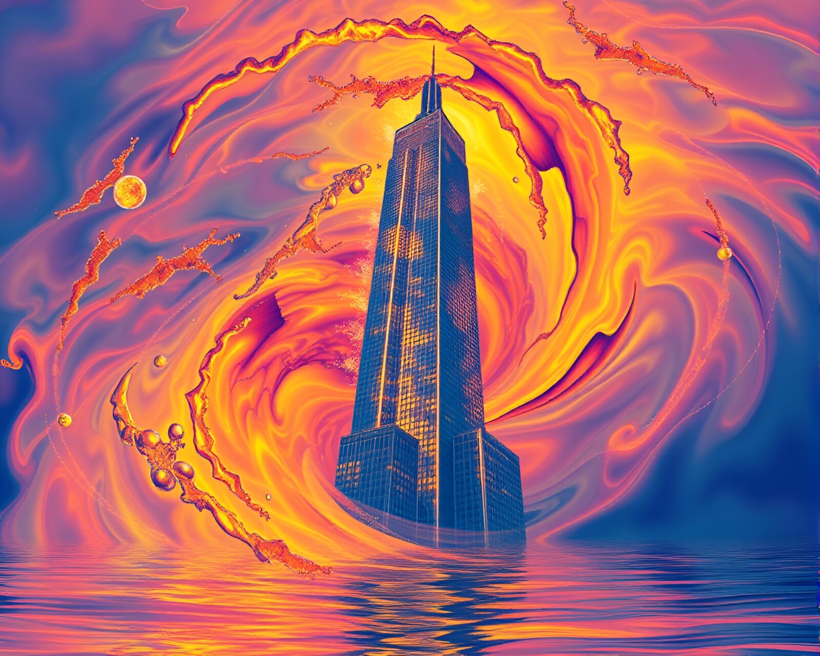 Water whirlpool swirling around skyscraper with thermal colors
