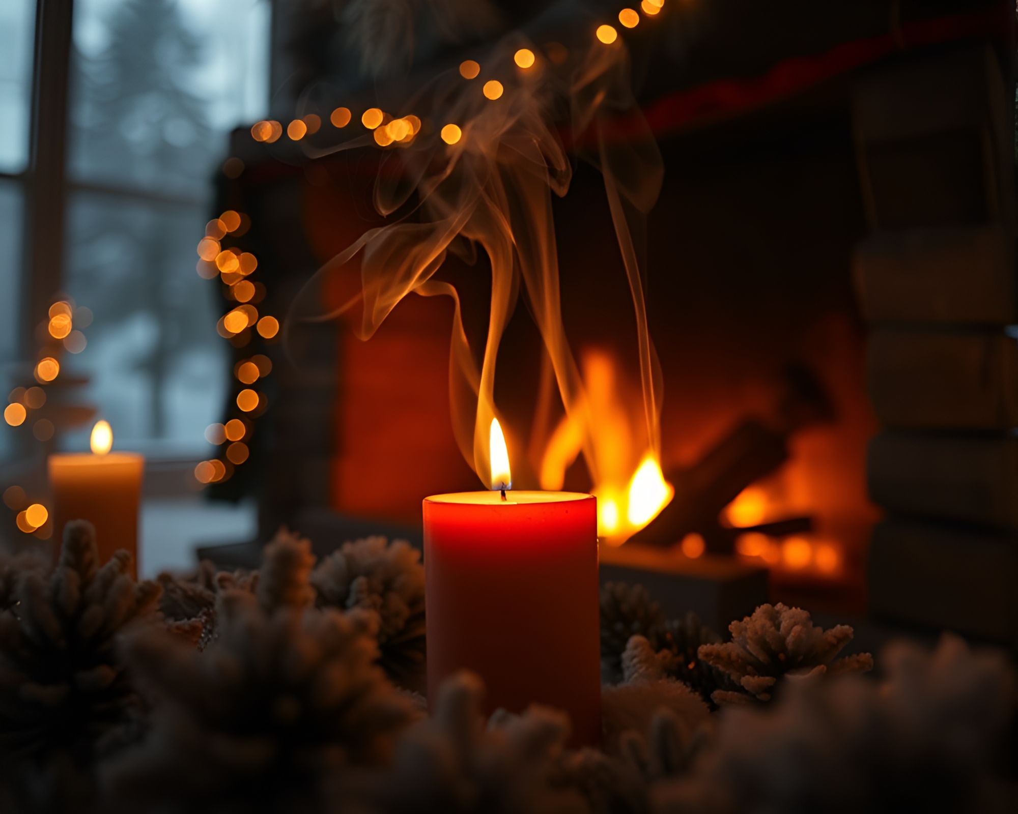 Winter Wonderland Candle Smoke by Fireplace – free AI stock image