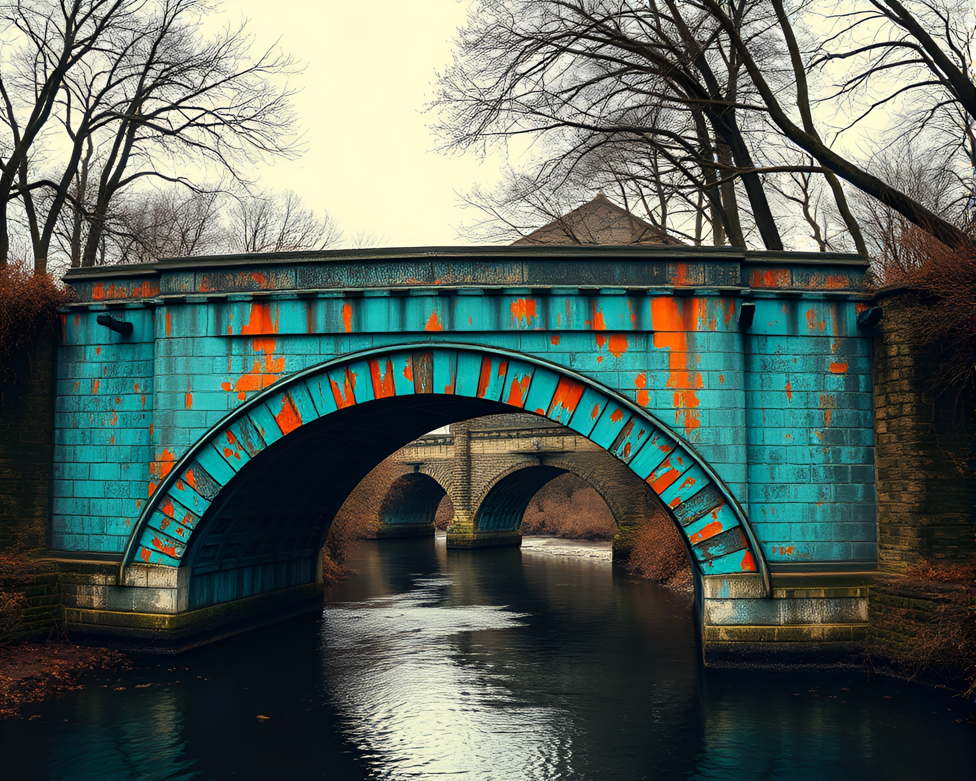 Copper Verdigris Arch Bridge Etching Fantasy Scene – free AI stock image