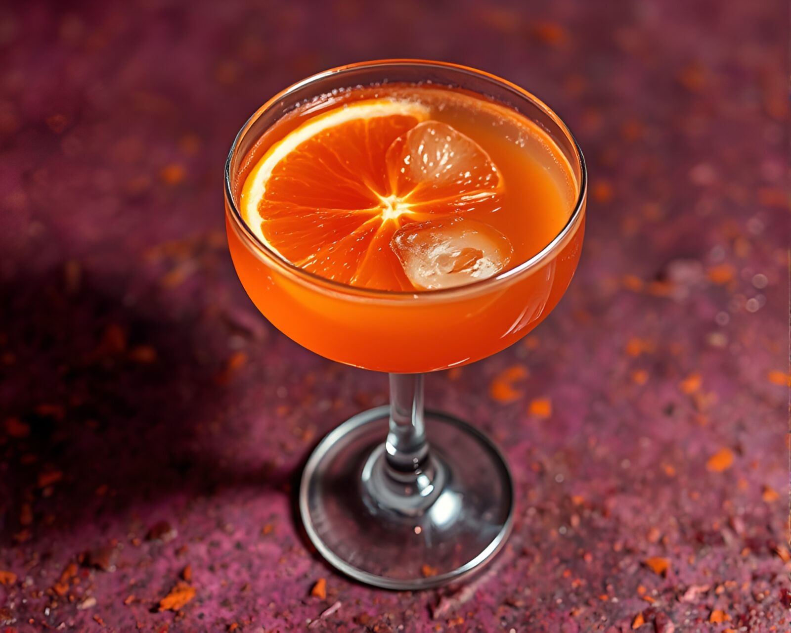 Vibrant amethyst-hued scene with rust textures and citrus drink