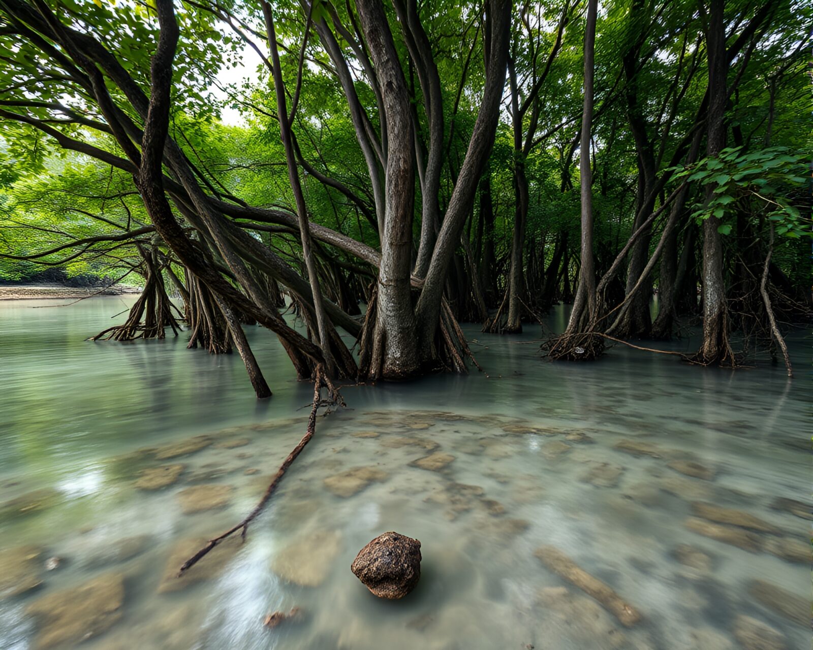 Tranquil mangrove swamp with haunting denim-like lighting and rusty textures