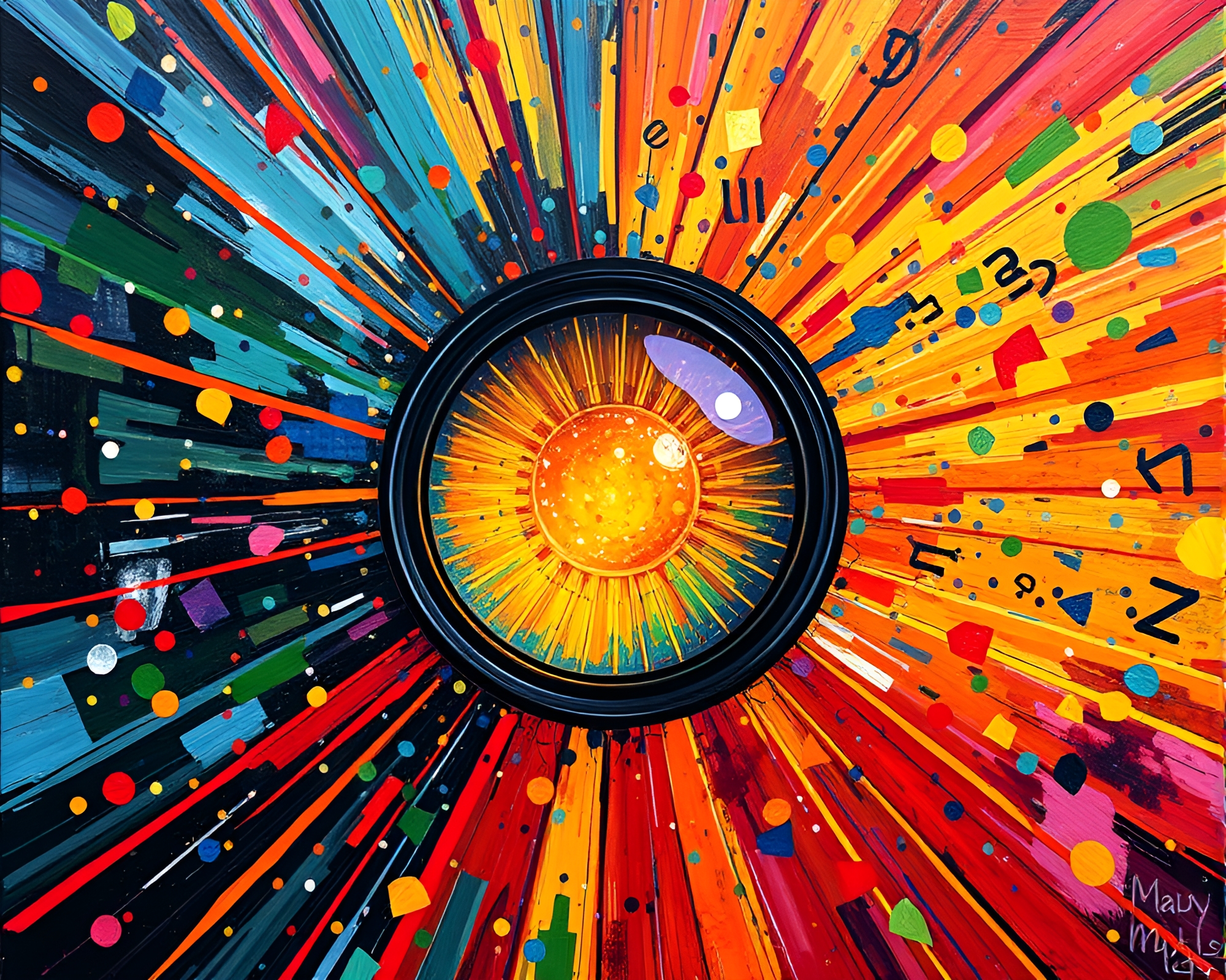 Expressionist Runic Sunburst with Confetti Color Burst – free AI stock image