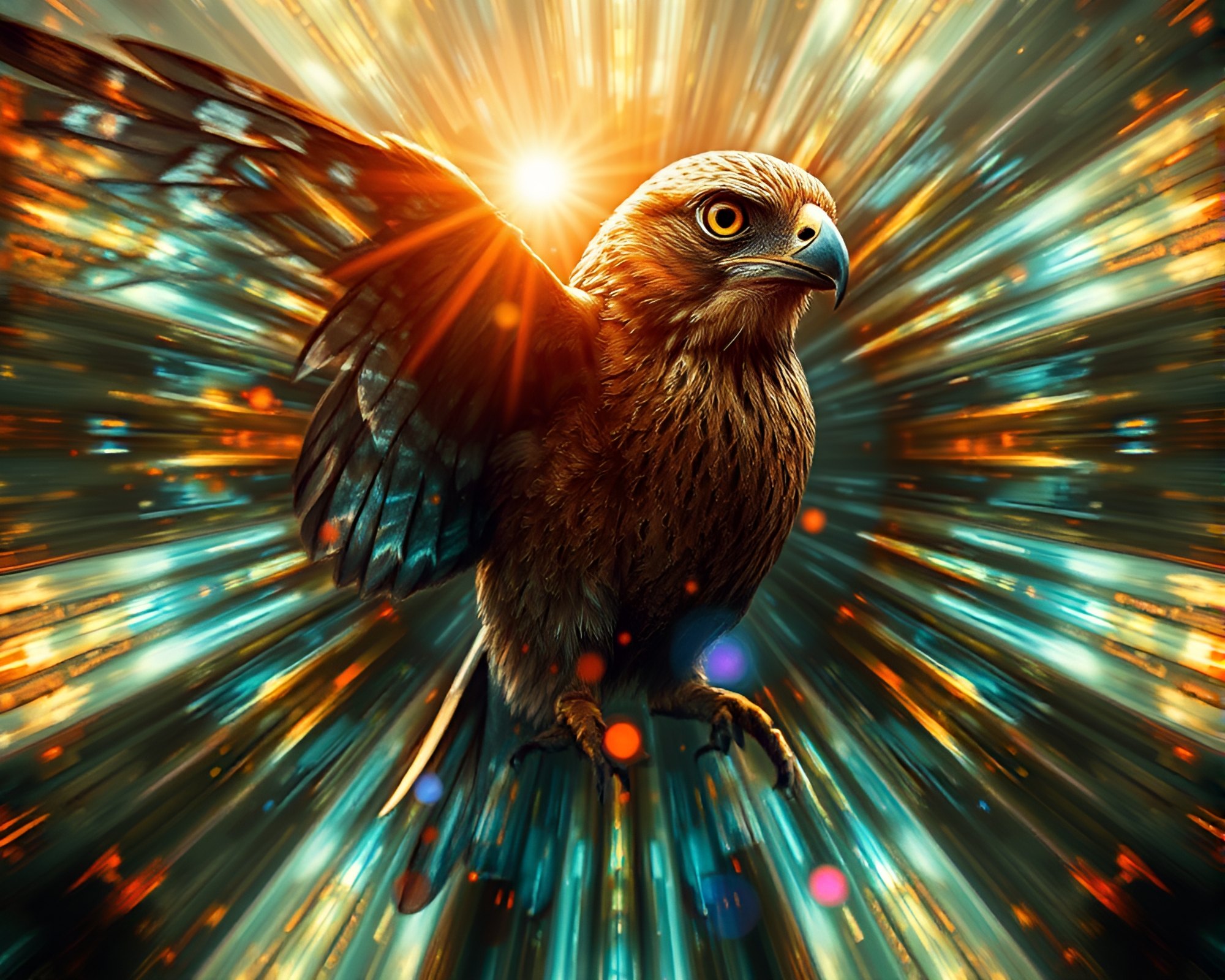 Fractal Falcon in Sgraffito Style with Lens Flare Bursts – free AI stock image