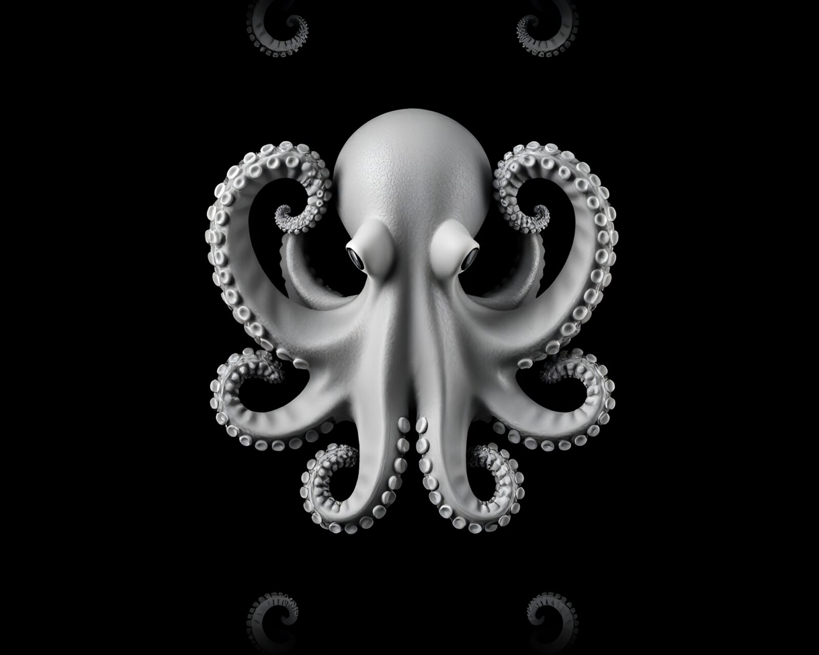 High-contrast monochrome octopus in symmetrical composition underwater.