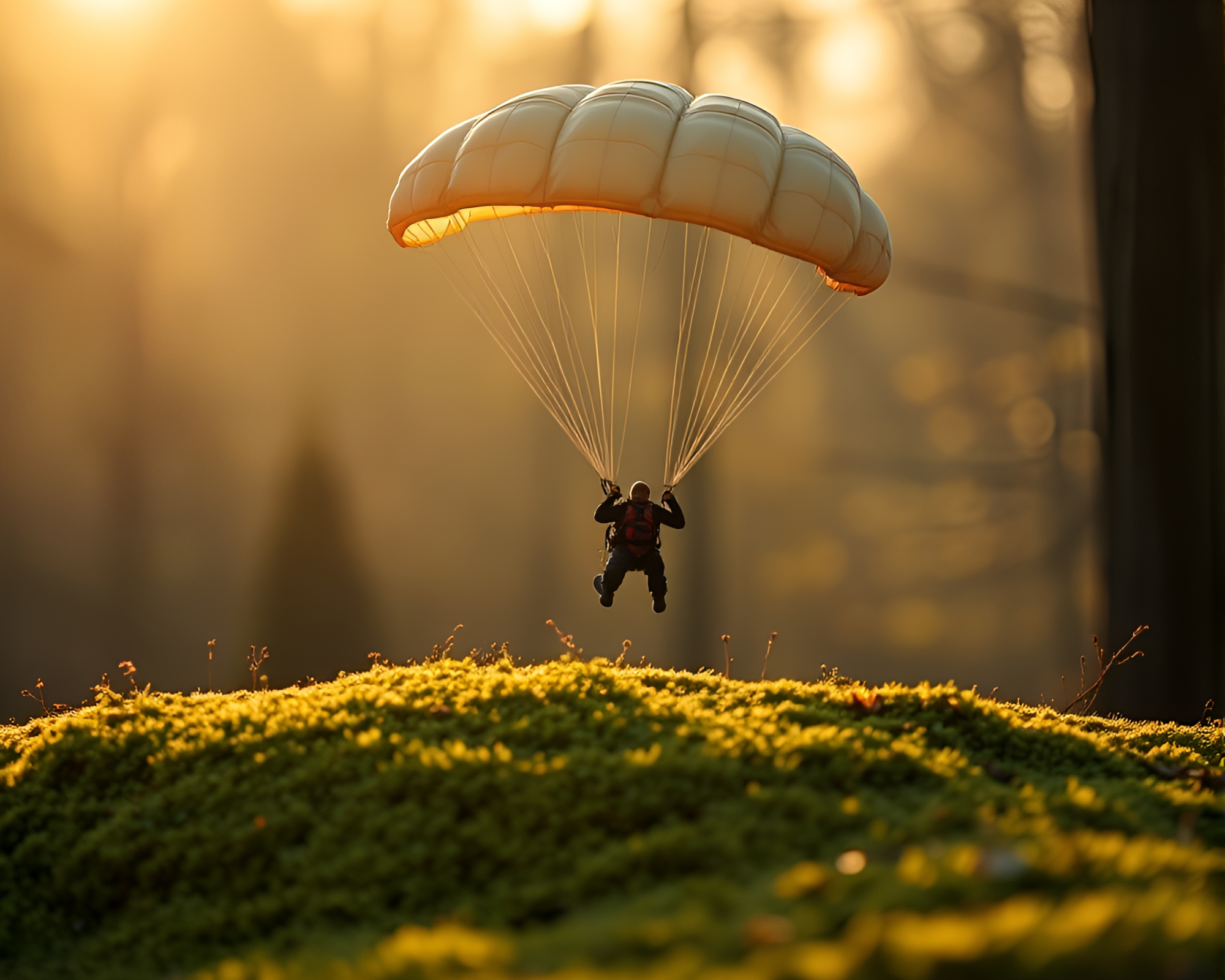 Thrilling Mossy Parachute Jump in Soft Afternoon Light – free AI stock image