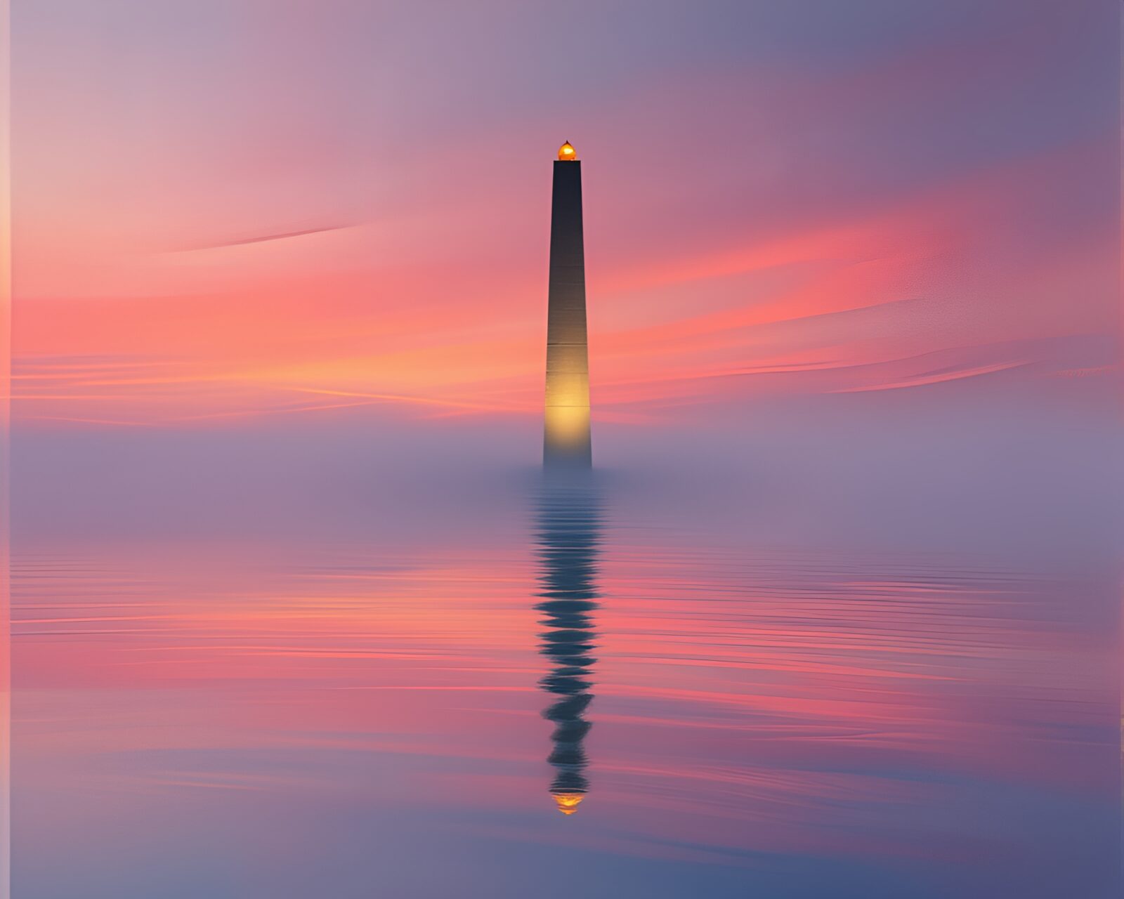 Abstract underpainting of obelisk at dawn with watery distortions