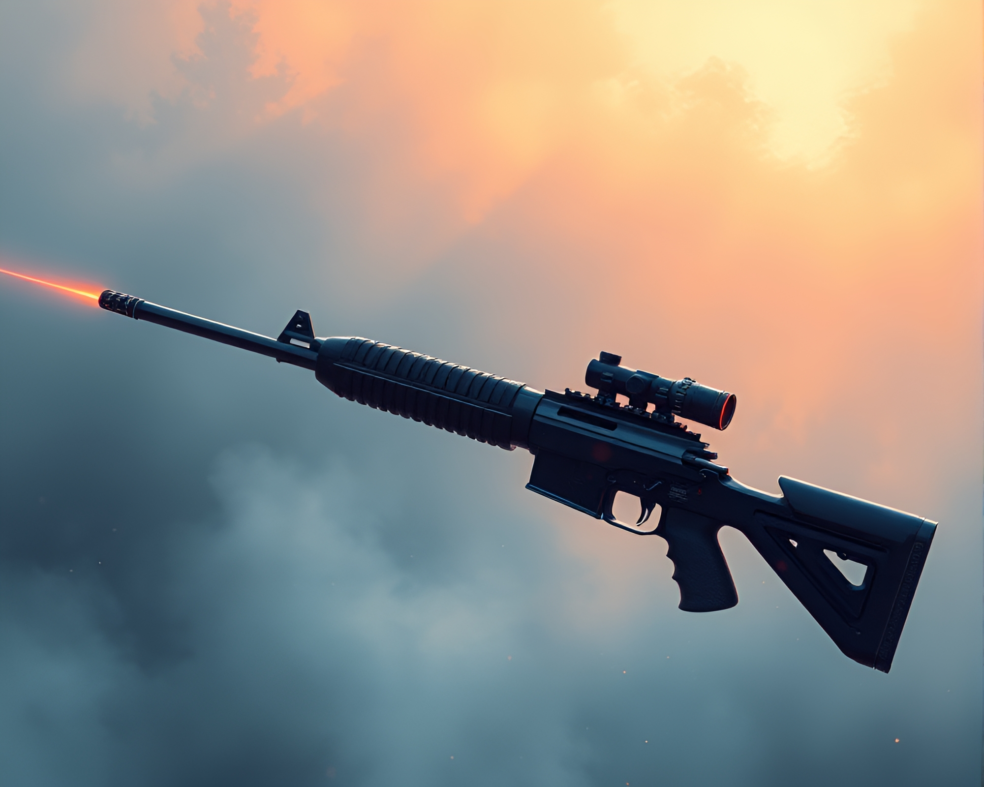 Foggy Battlefield Encounter with Plasma Rifle – free AI stock image