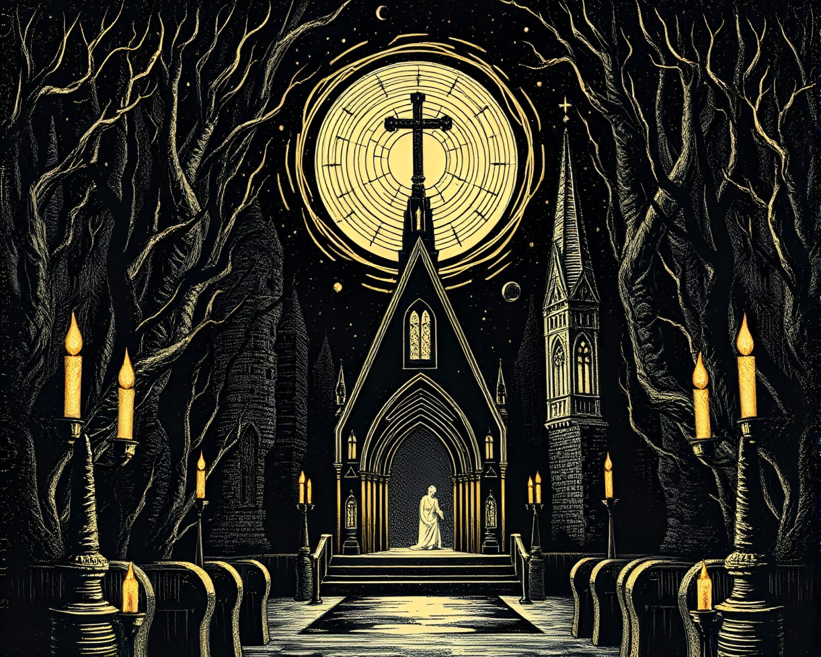 Dark, intricate engraving of Lovecraftian horror scene with foil stamping details