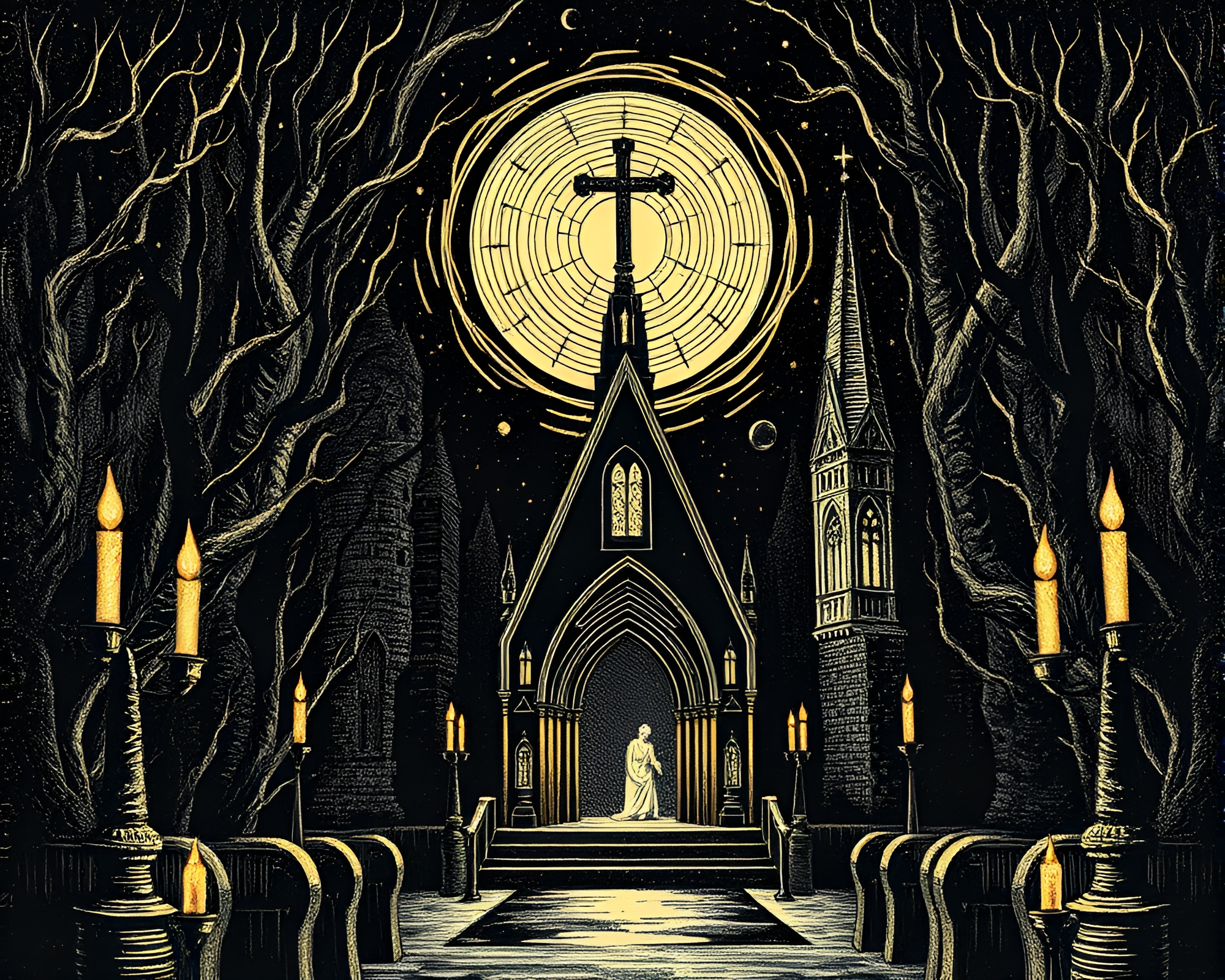 Foil-Stamped Lovecraftian Engraving in Church Candlelight – free AI stock image