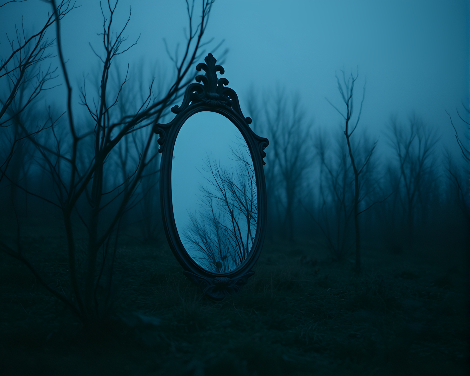 Ethereal Haunted Mirror in Blue Hour Light – free AI stock image