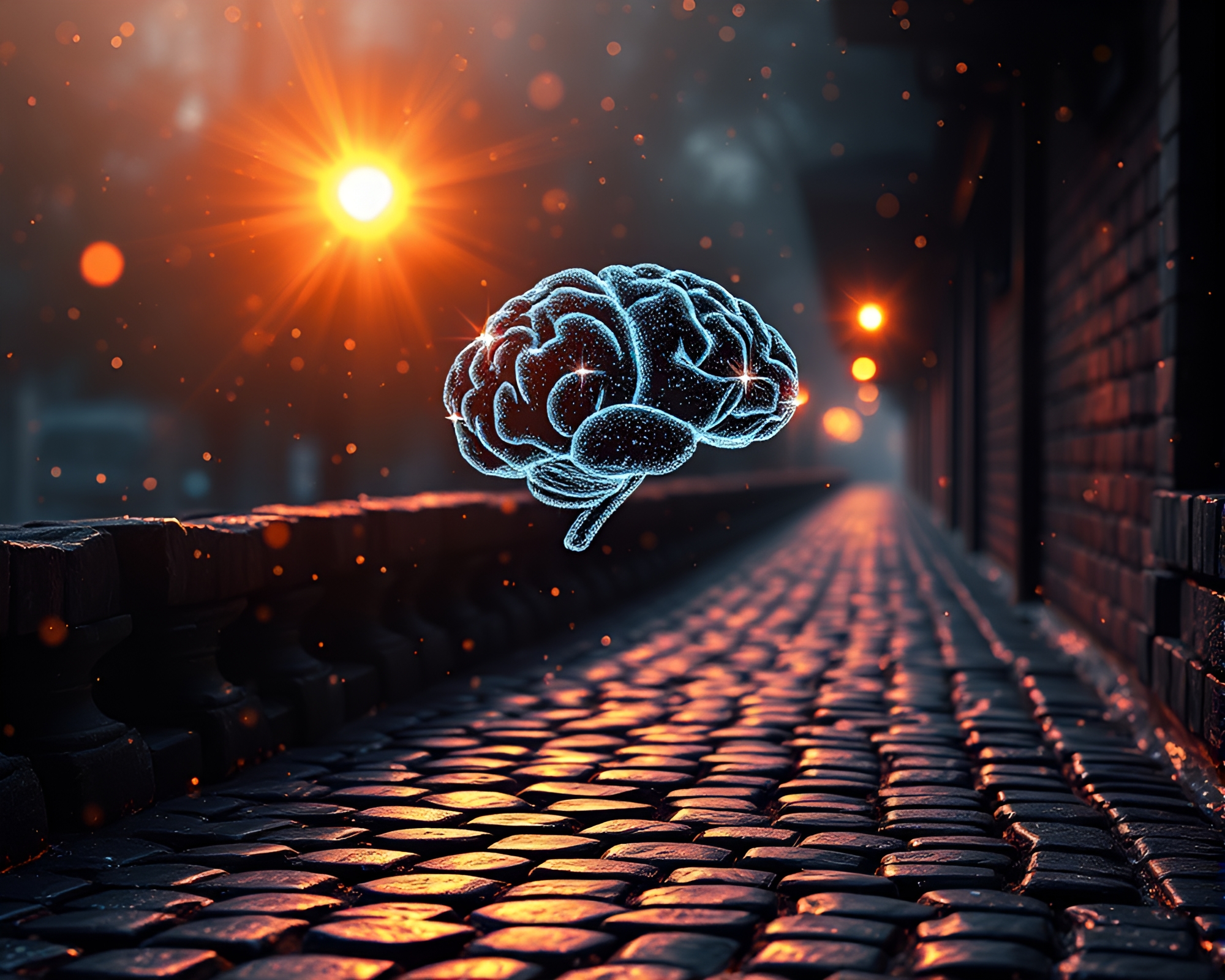 Gleaming AI Brain on Cobblestone Path Lithograph – free AI stock image
