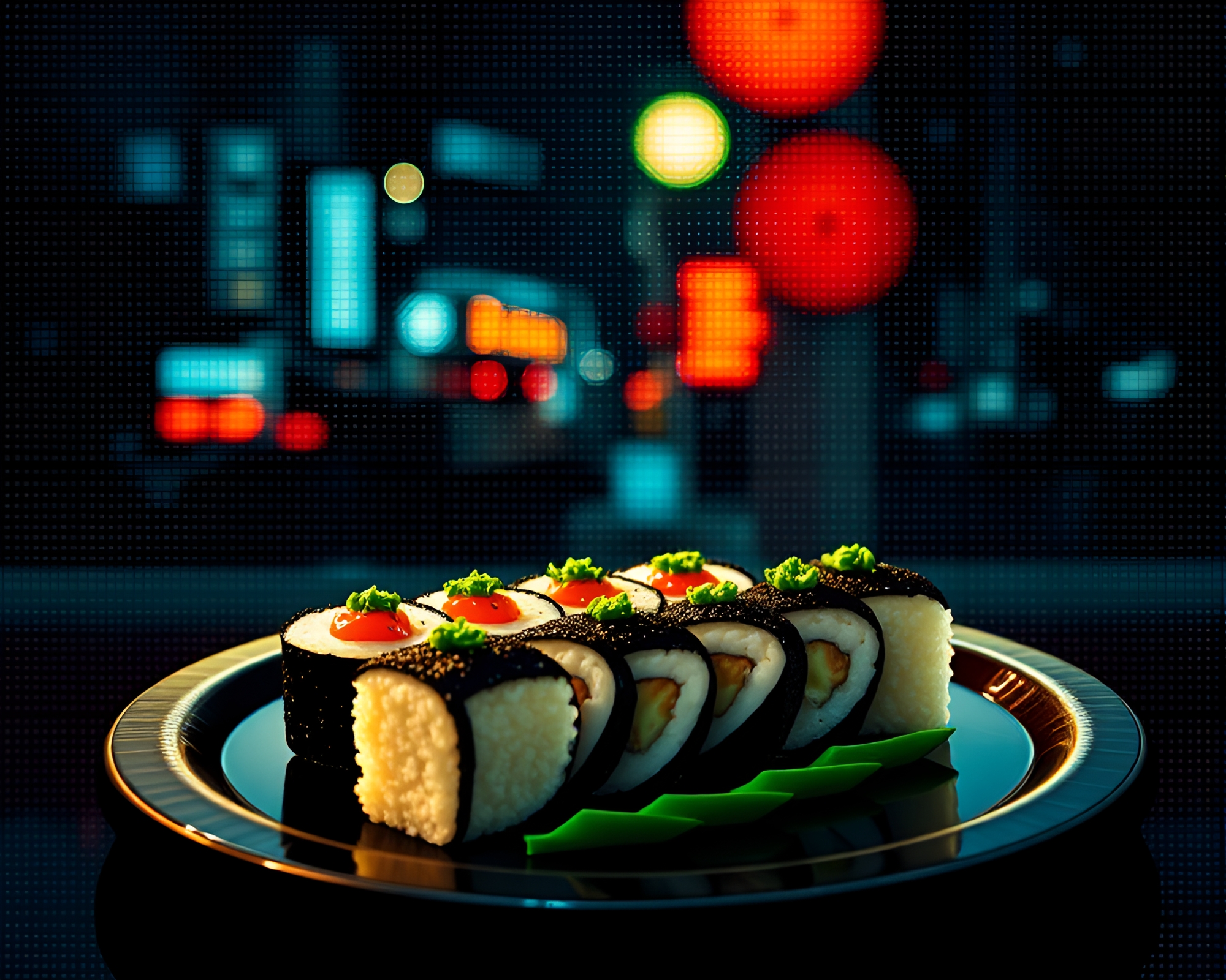 Halftone Sushi Platter Illuminated by LED Streetlamp Glow – free AI stock image