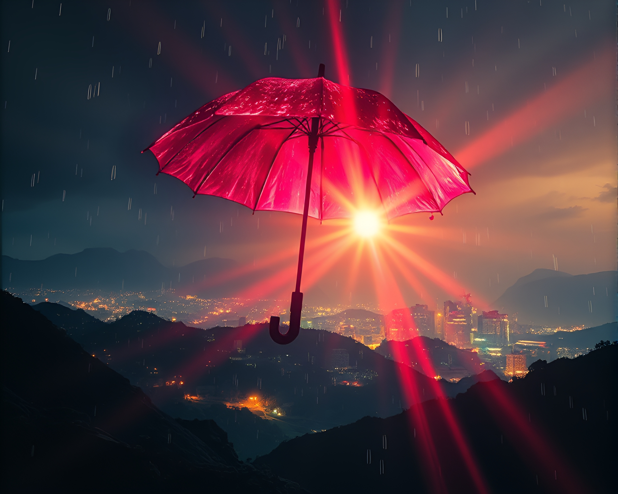 Vibrant Neon Umbrella with Lens Flare Landscape Etching – free AI stock image