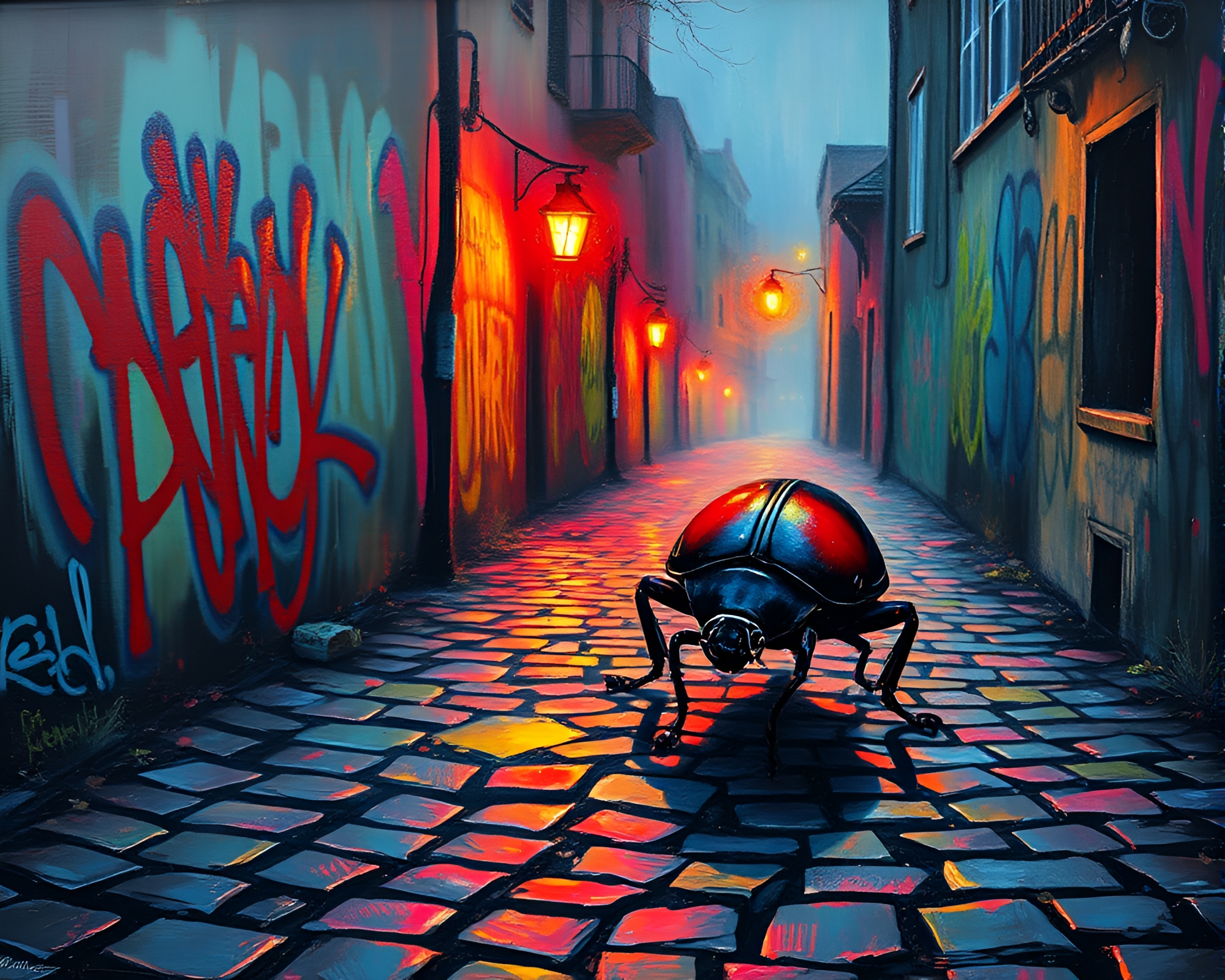 Neon Beetle Graffiti on Cobblestone Path – free AI stock image