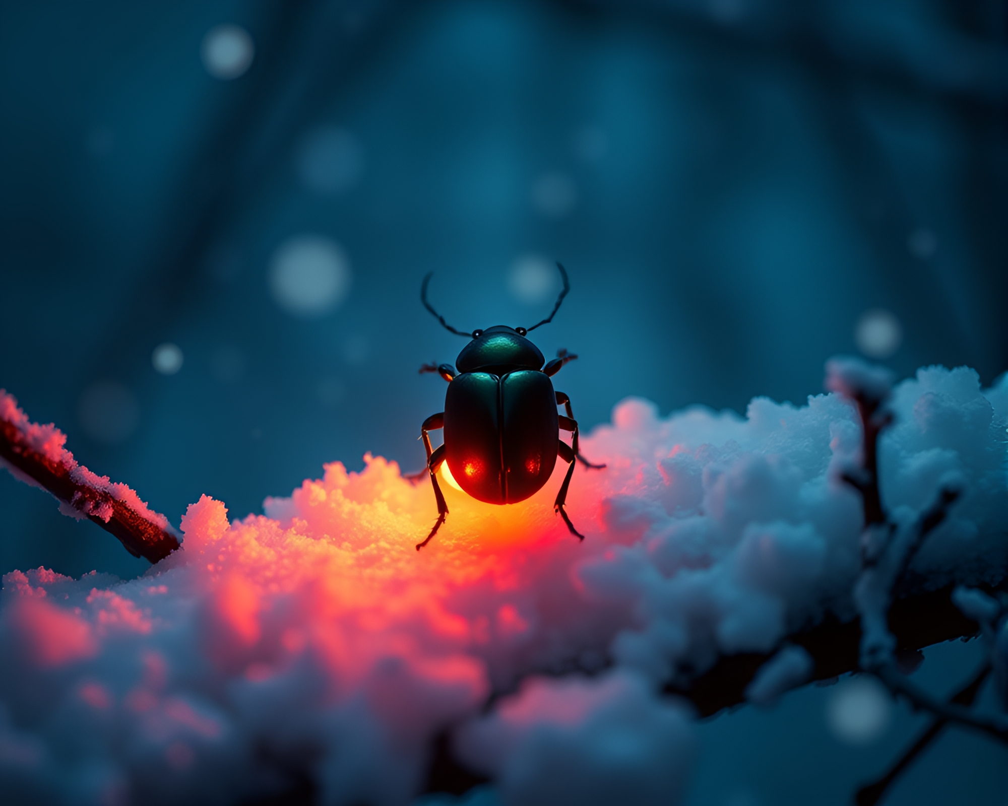 Glimmering Beetle Surrounded by Synthwave Snowflakes – free AI stock image