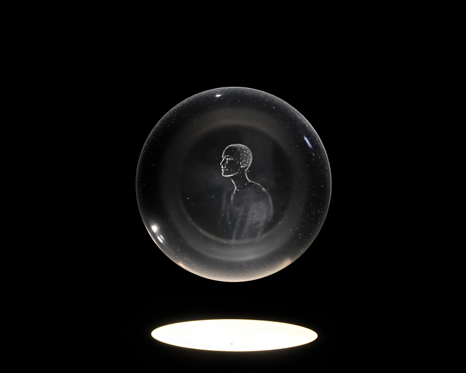 Off-center glass orb with dramatic stencil lighting effects.