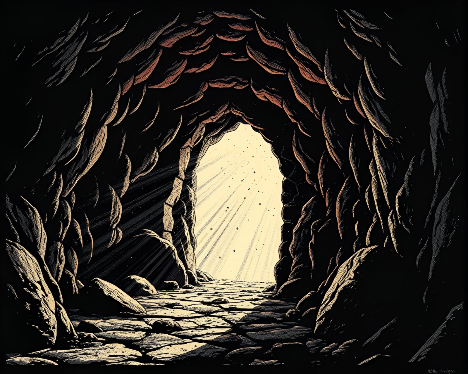 Abstract linocut textures show antimatter grenade in glowing cave