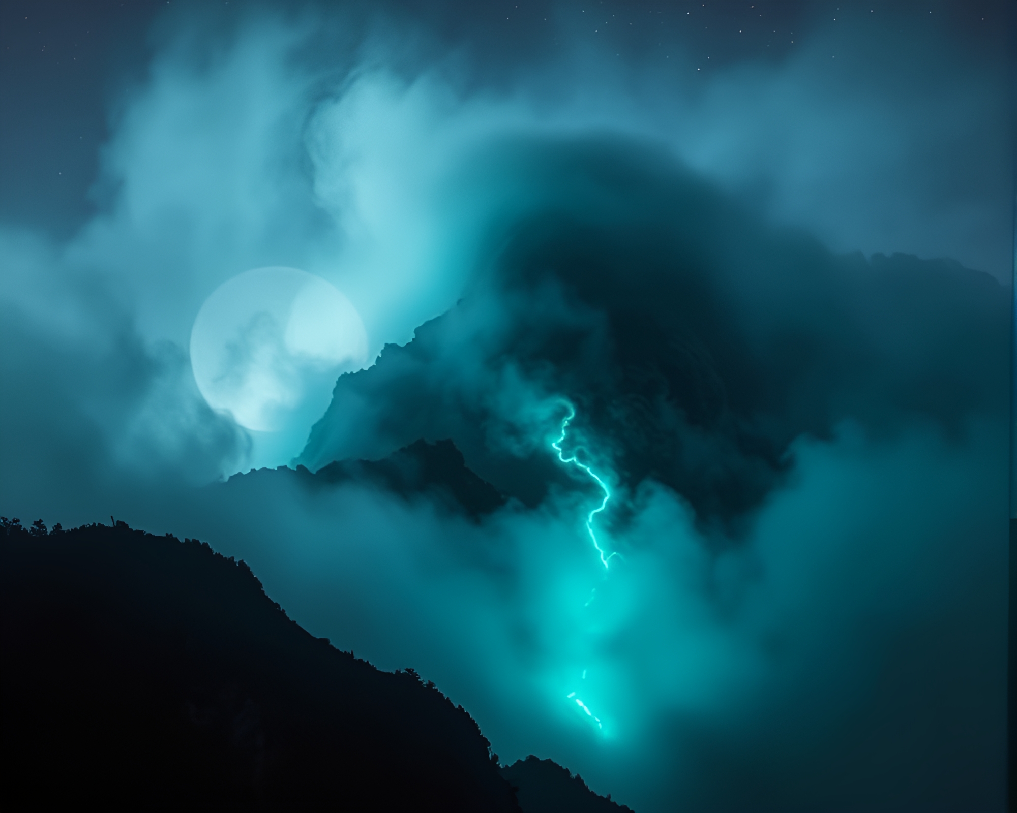 Mist-shrouded Mountain Vortex in Bioluminescent Glow – free AI stock image