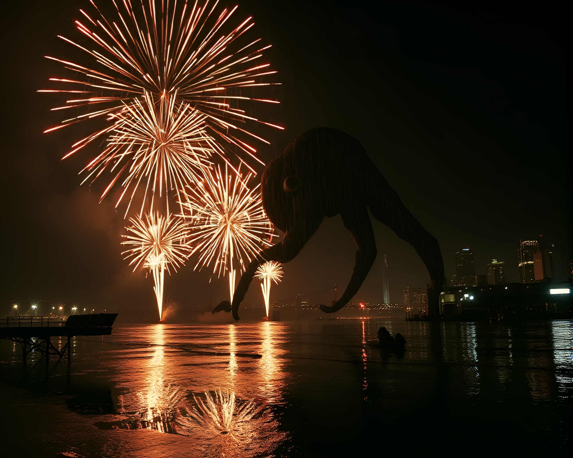 Kraken Fireworks: Rainy Reflections in Noir Style – free AI stock image