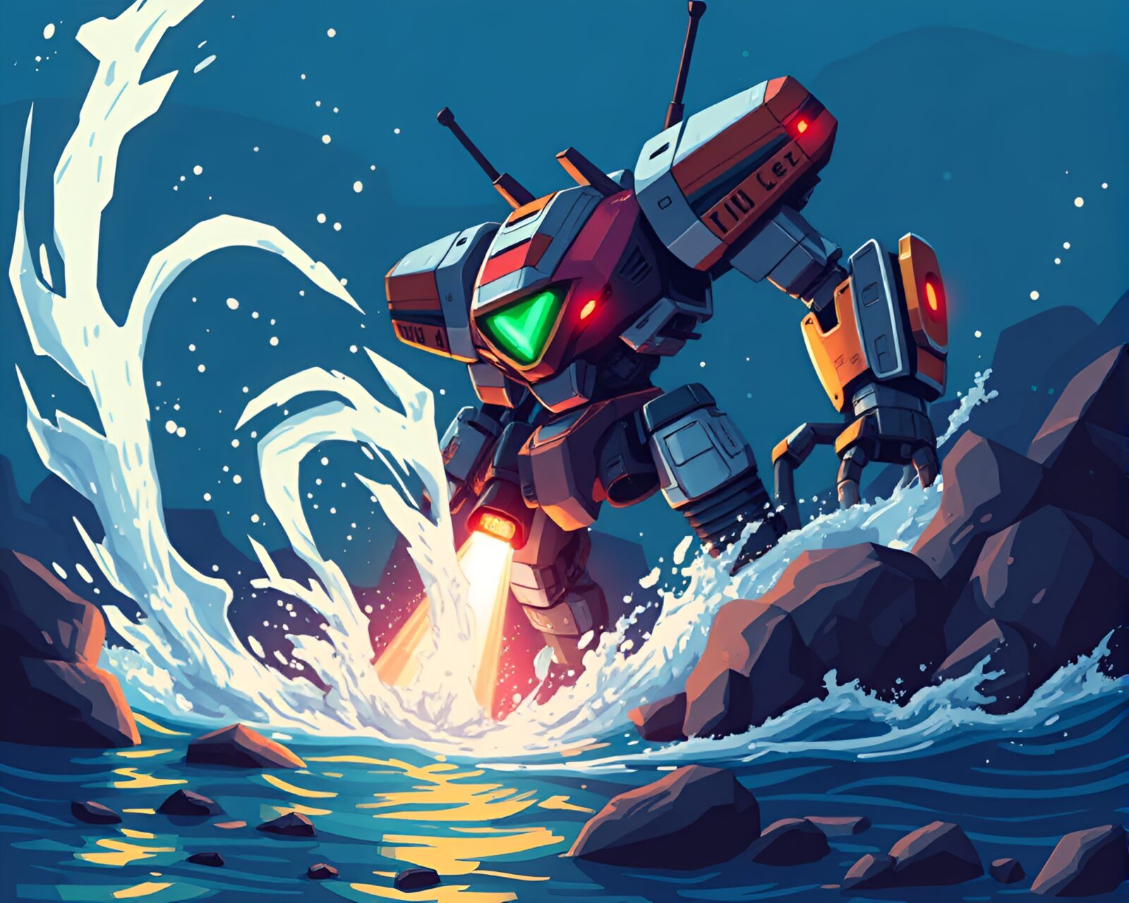 8-bit style mech fighting in glowing water vortex