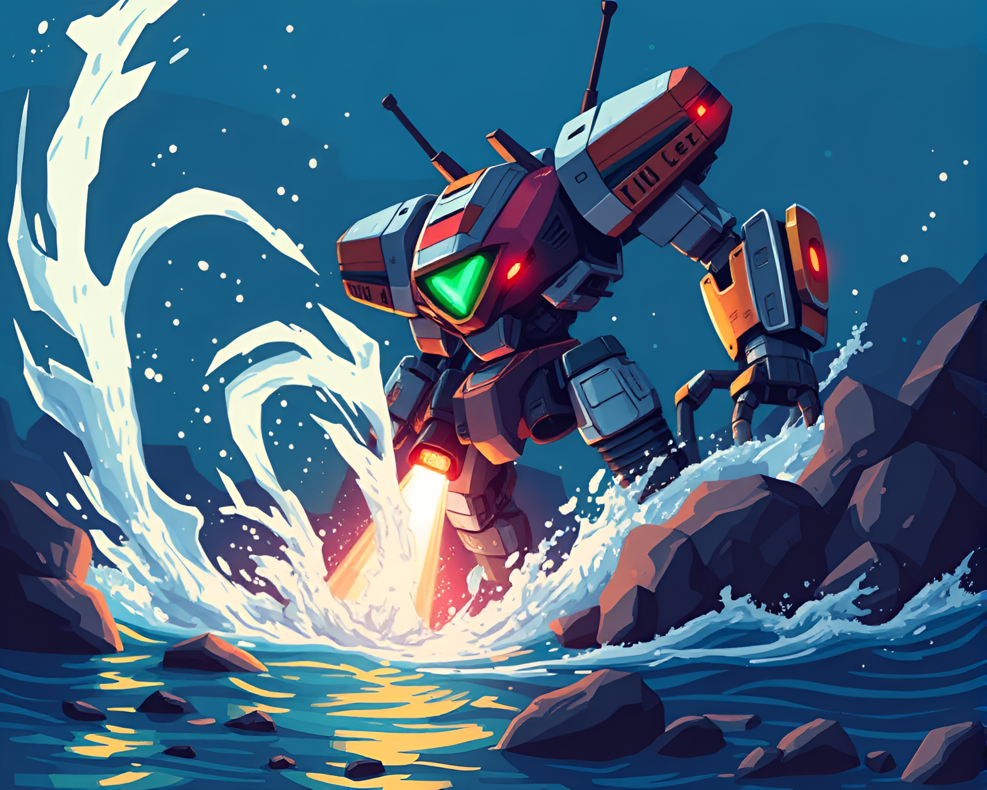 Mech Battle in 8-Bit Water Whirlpool – free AI stock image