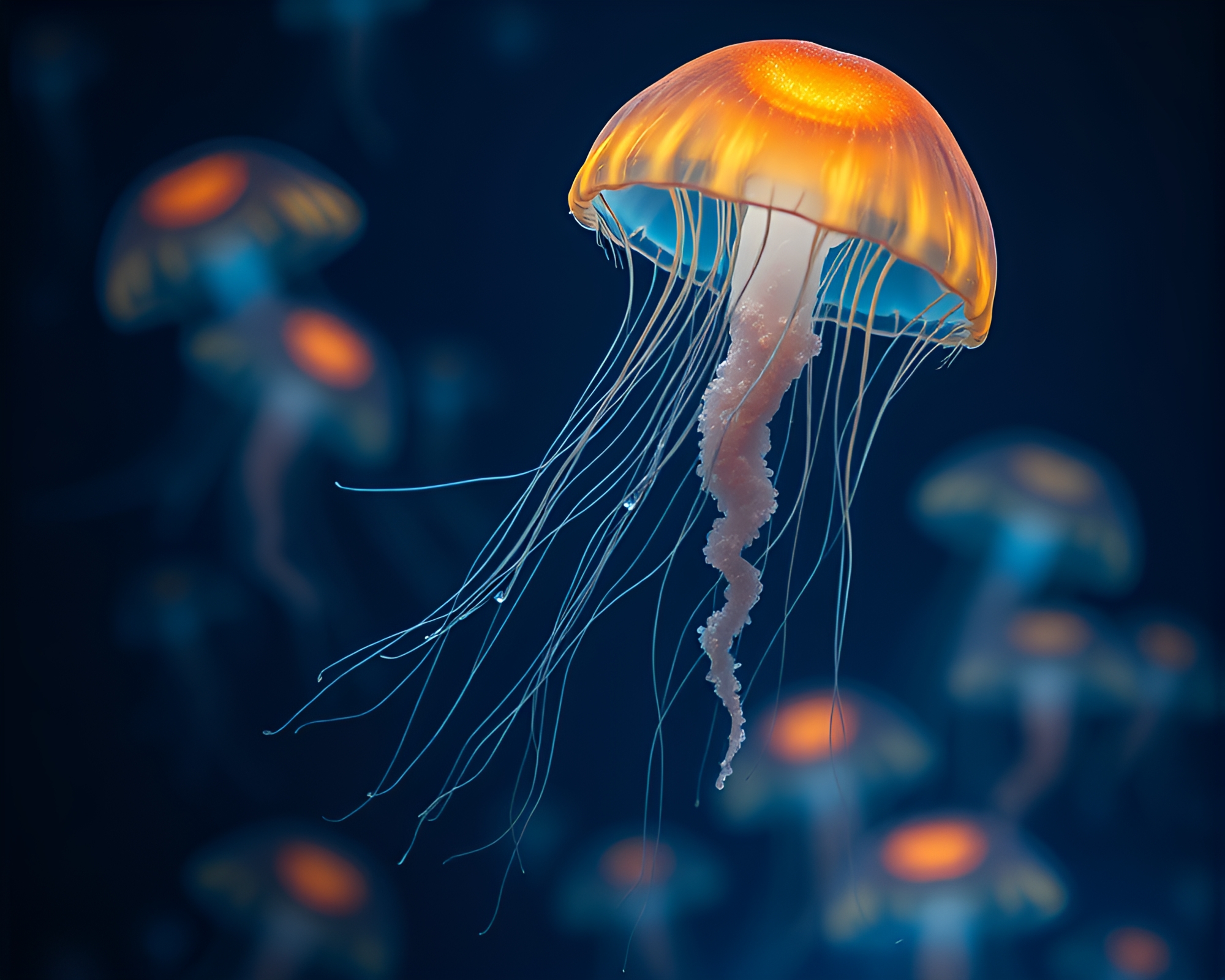 Bioluminescent jellyfish in cubist-style opera-house glow – free AI stock image