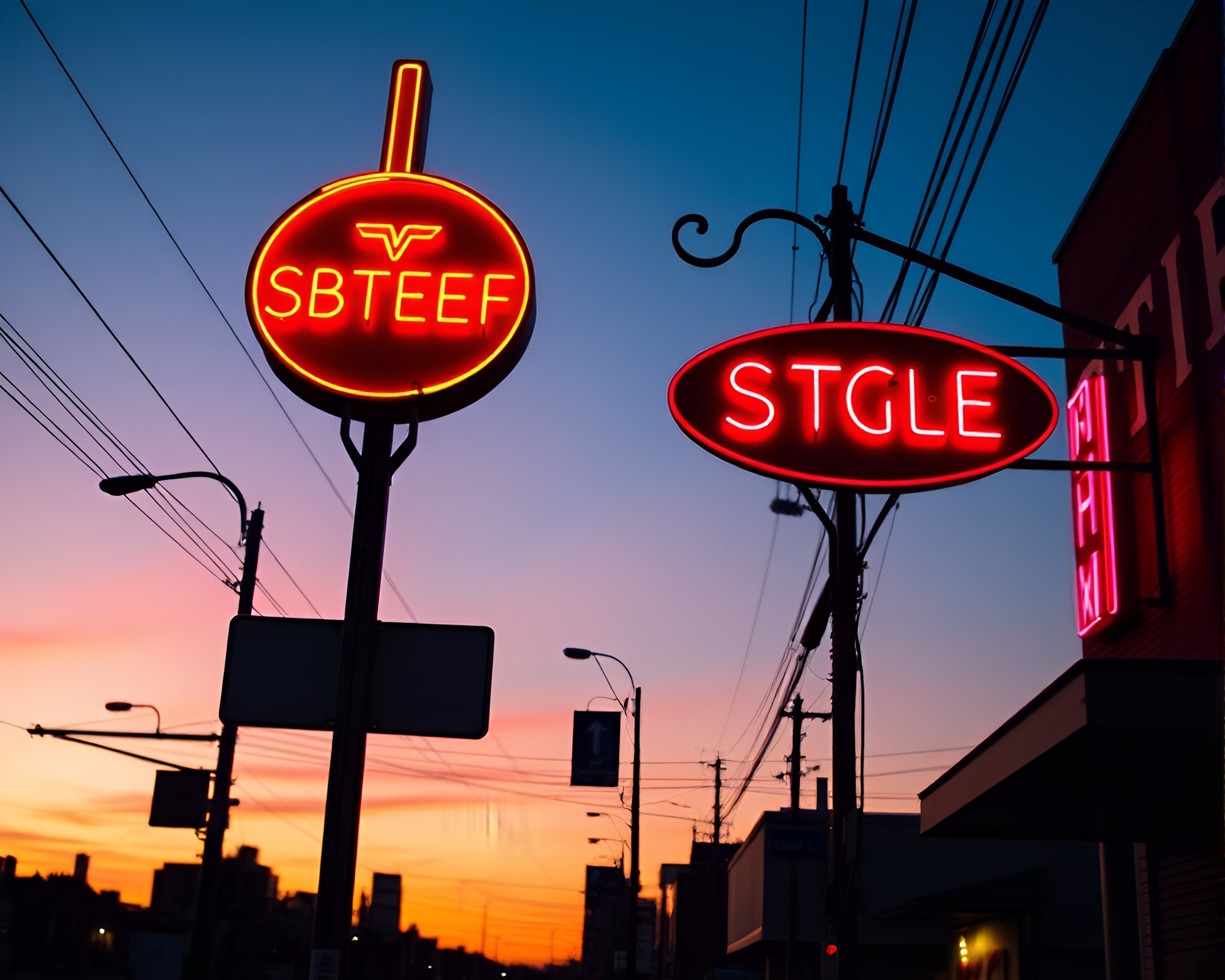 Vibrant Street Art Neon Sunset Skyline – free AI stock image