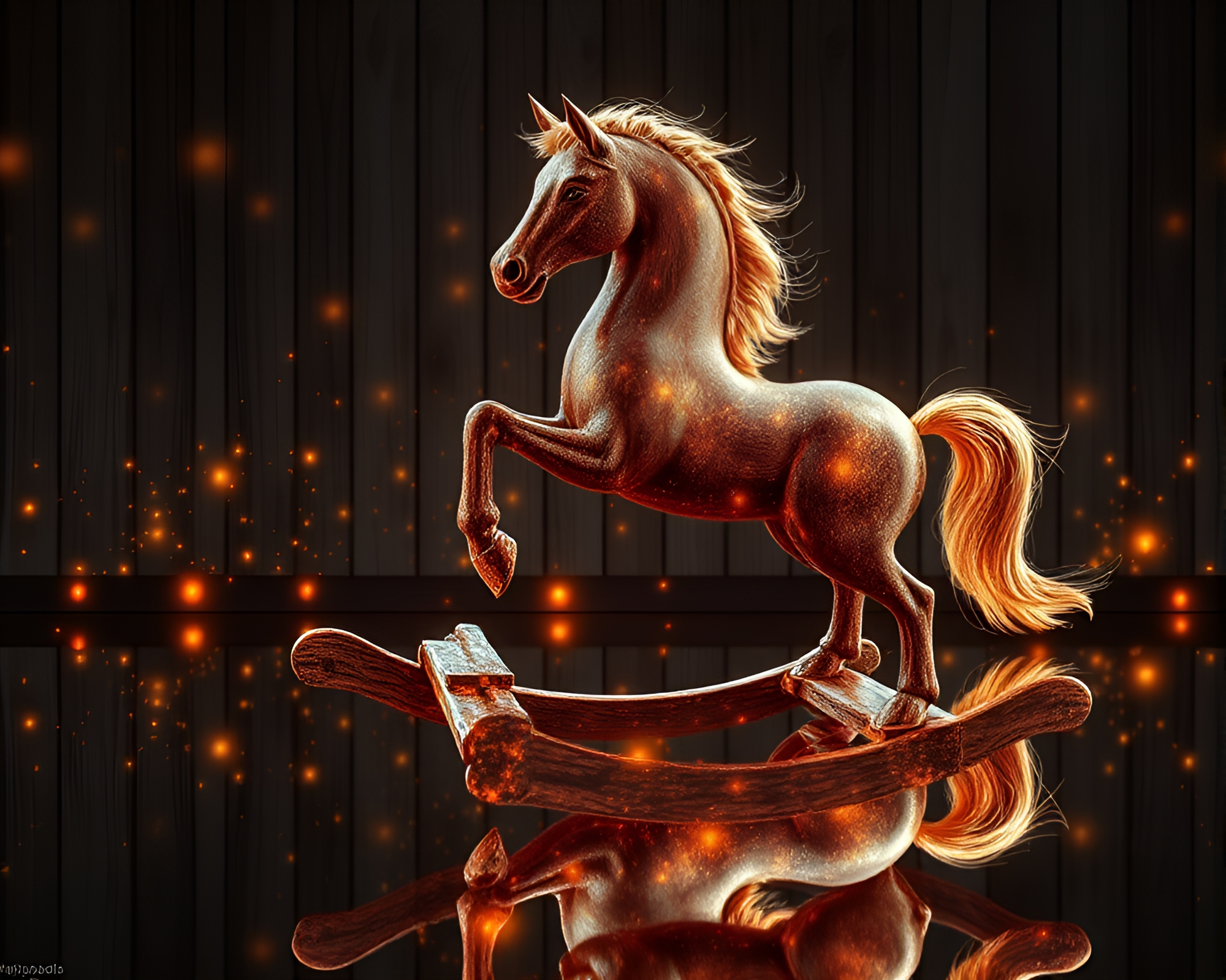 Double Reflection: Enchanted Wooden Rocking Horse – free AI stock image