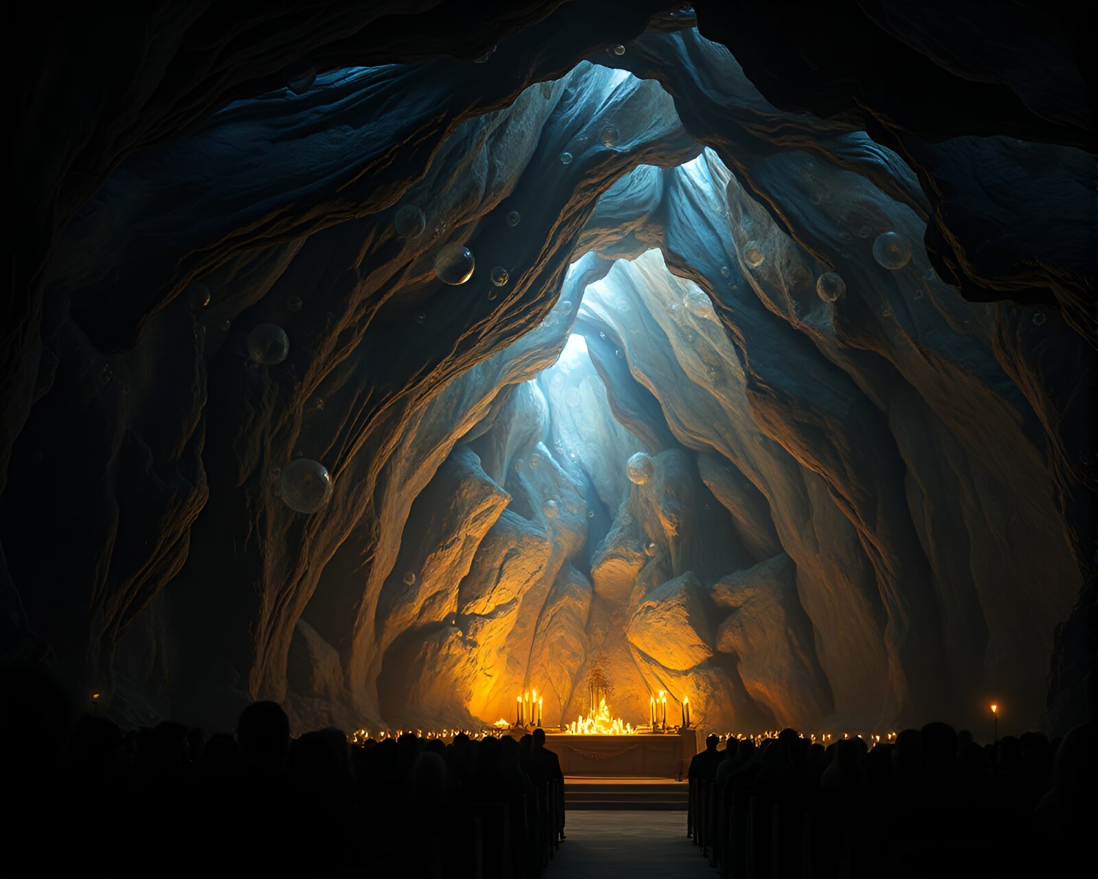 Ethereal cave art with glowing bubbles in candlelit cavern