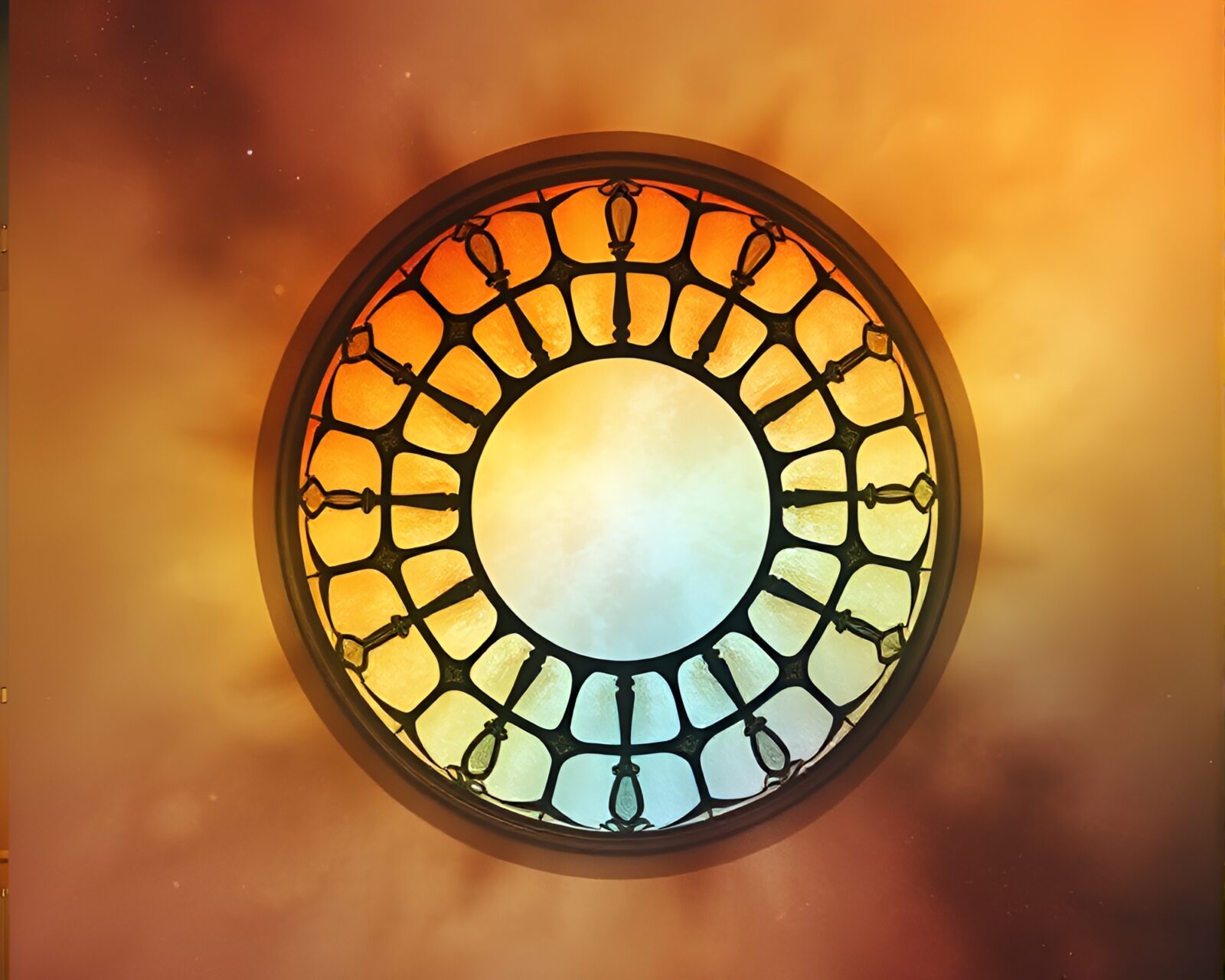 Acid wash colored stained glass dome in futuristic setting