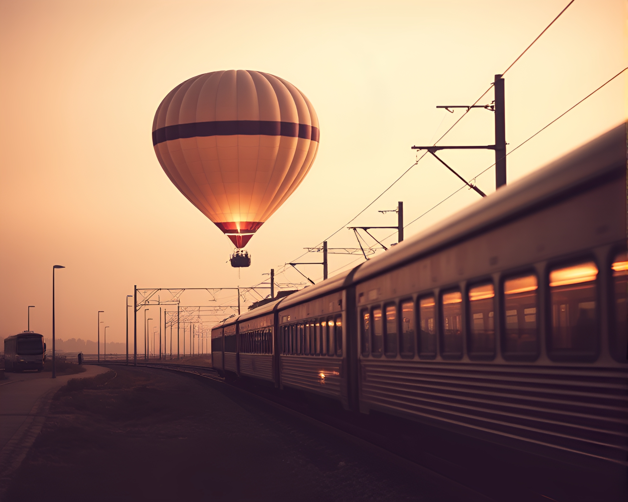 Train Light Trails Meet Hot Air Balloon in Sepia – free AI stock image