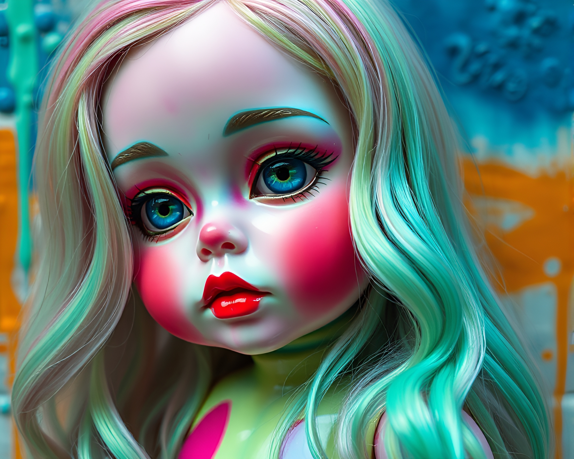 Oil Slick Rainbow Porcelain Doll in Mint Green Graffiti – free AI stock image
