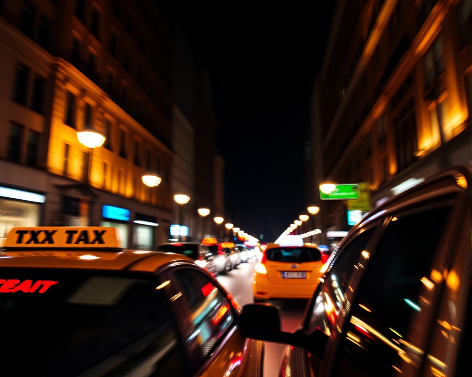 Blurred taxi lights streak across a geometric library scene.