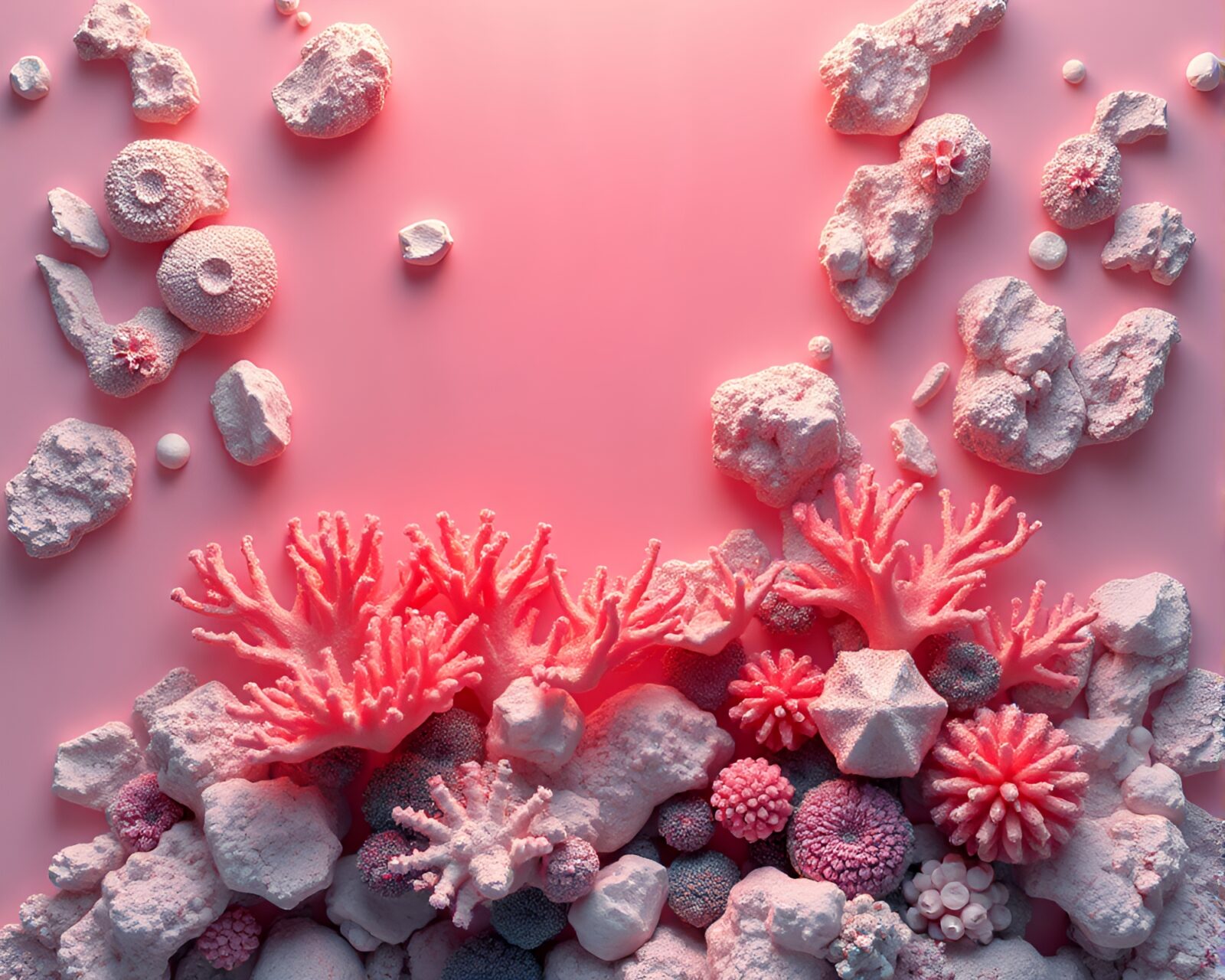 Vibrant coral reef scene in 3D scan with peachy lighting