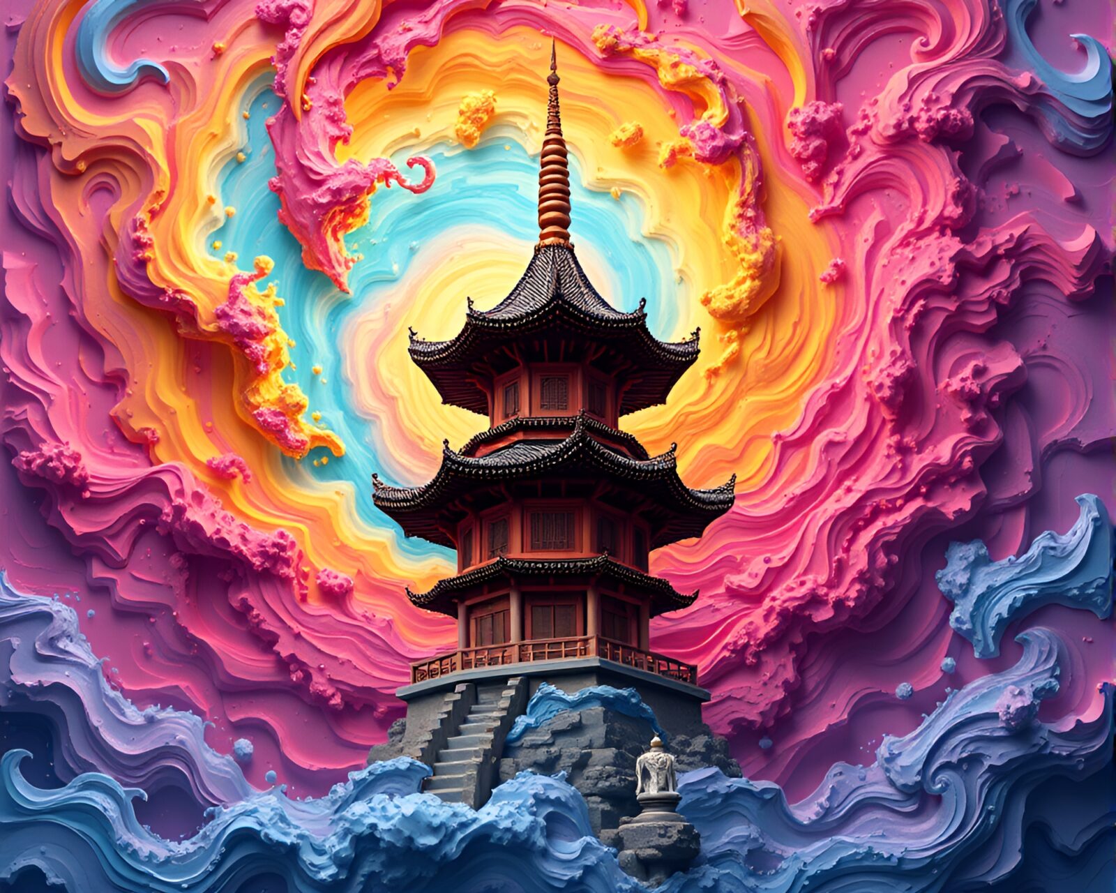 Surreal swirling vortex surrounding a colorful starburst Pagoda in voxel art style